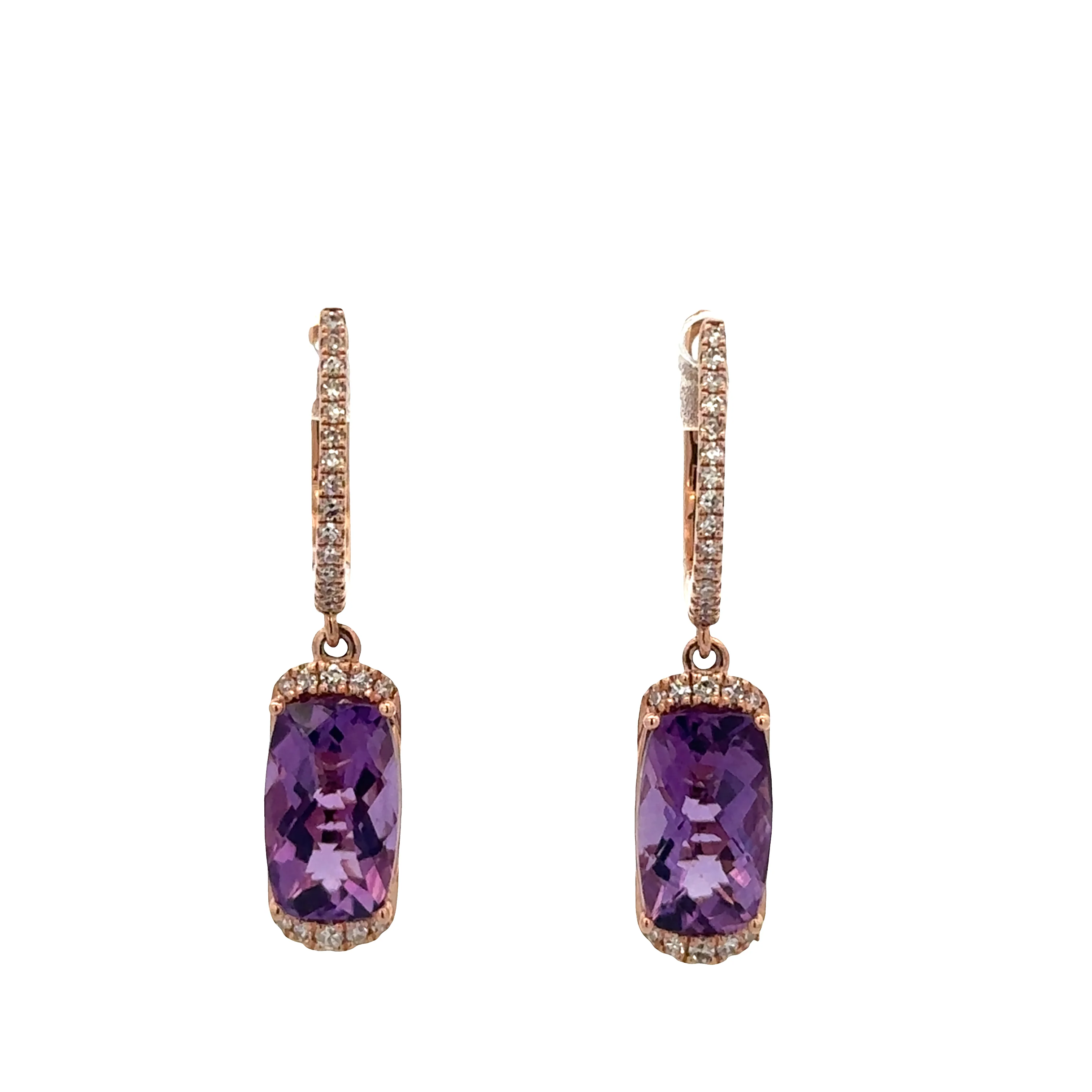 14k Rose Gold Amethyst & Diamond Drop Earrings – 1 1/8" Long