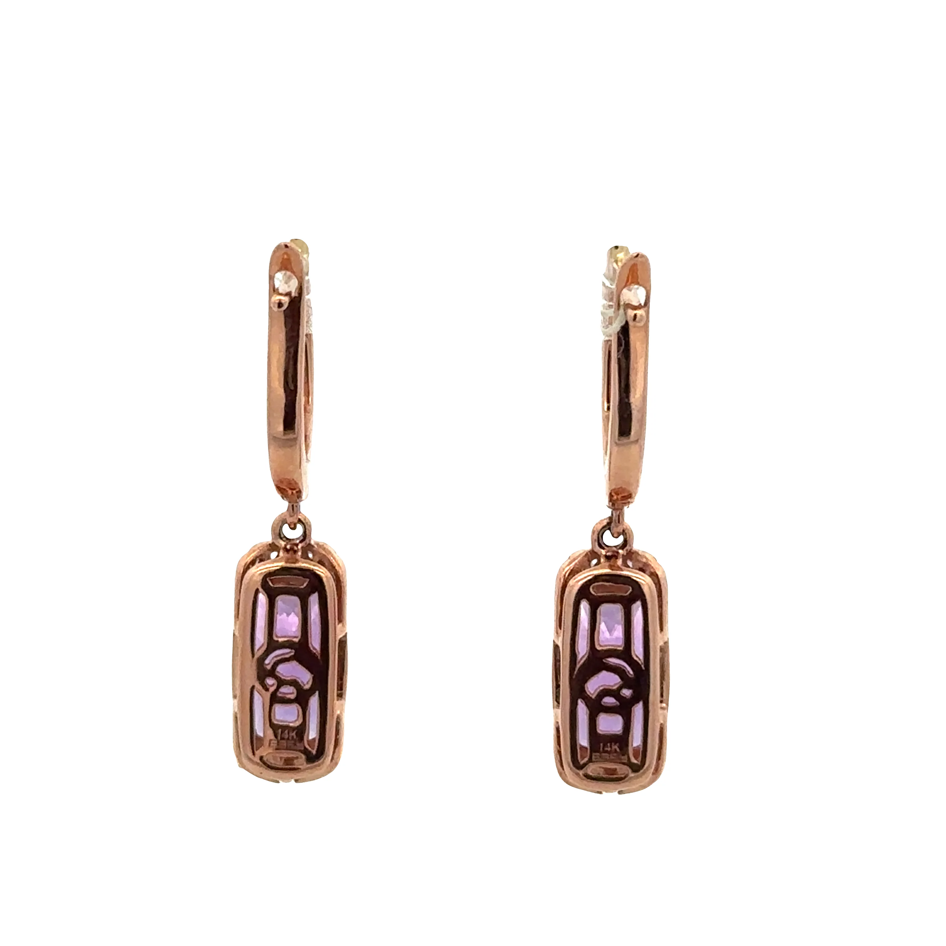 14k Rose Gold Amethyst & Diamond Drop Earrings – 1 1/8" Long - Image 2
