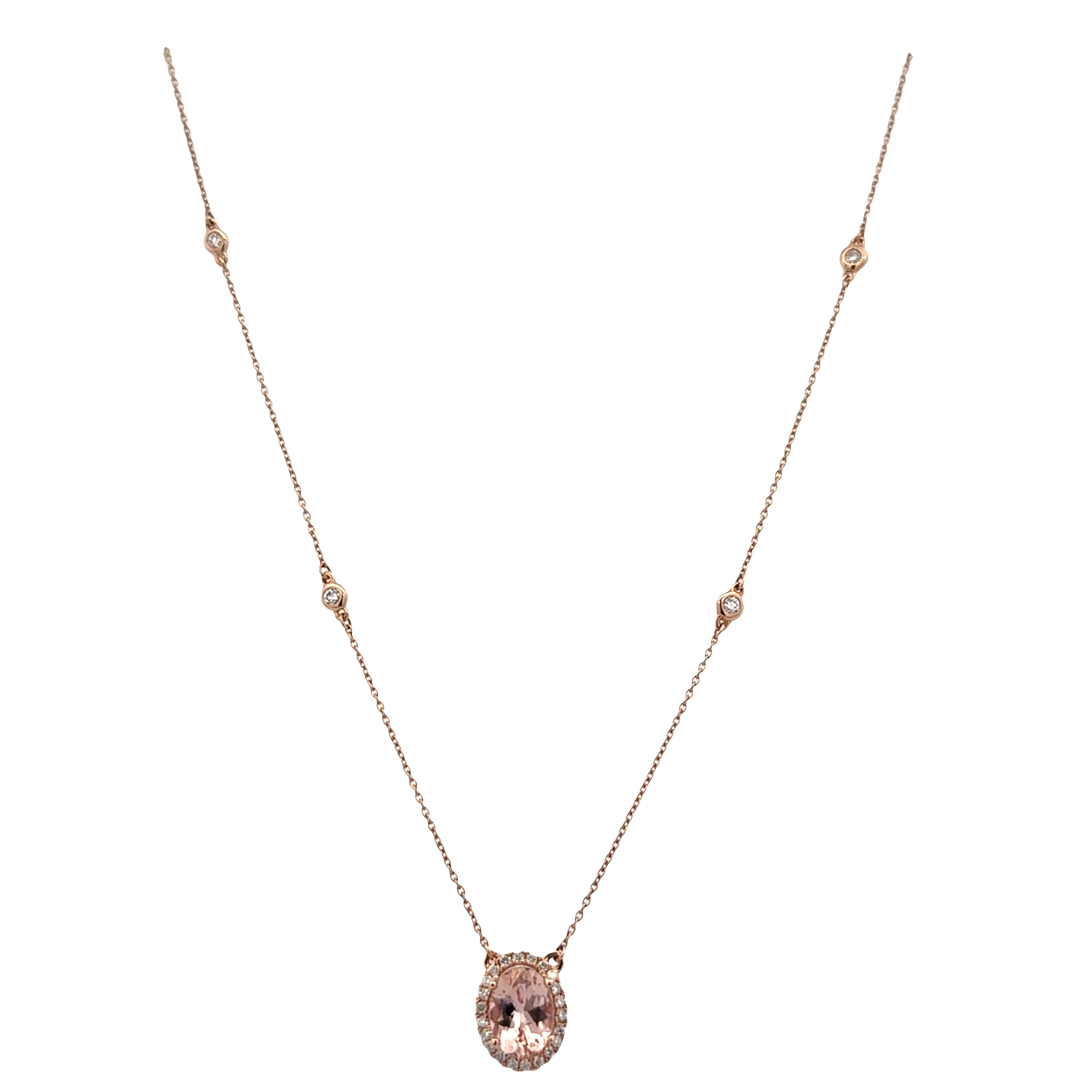 14k Rose Gold Morganite & Diamond Halo Station Necklace – 18" - Image 2
