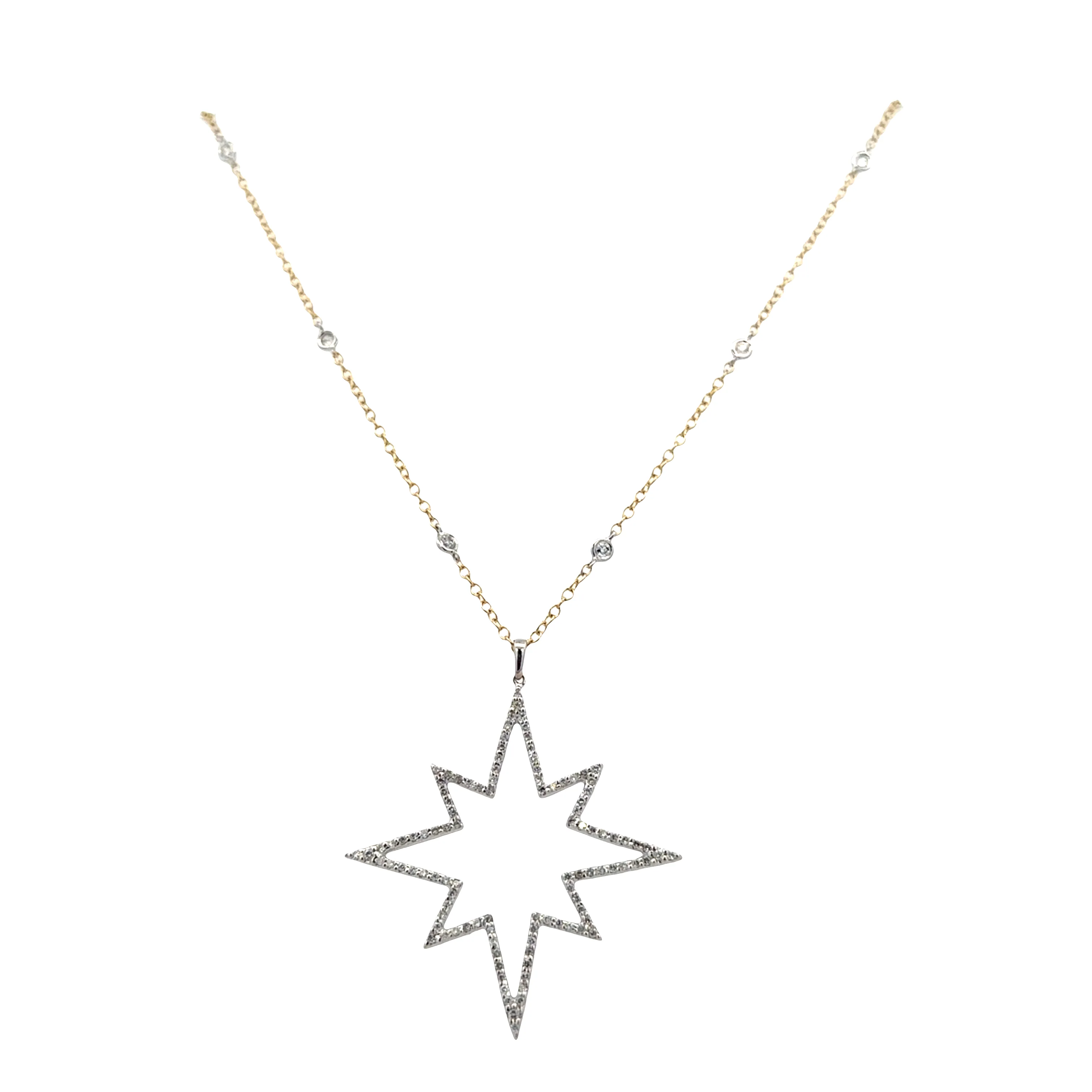 14k Two-Tone Gold Diamond Star Motif Pendant Necklace – 24" - Image 2