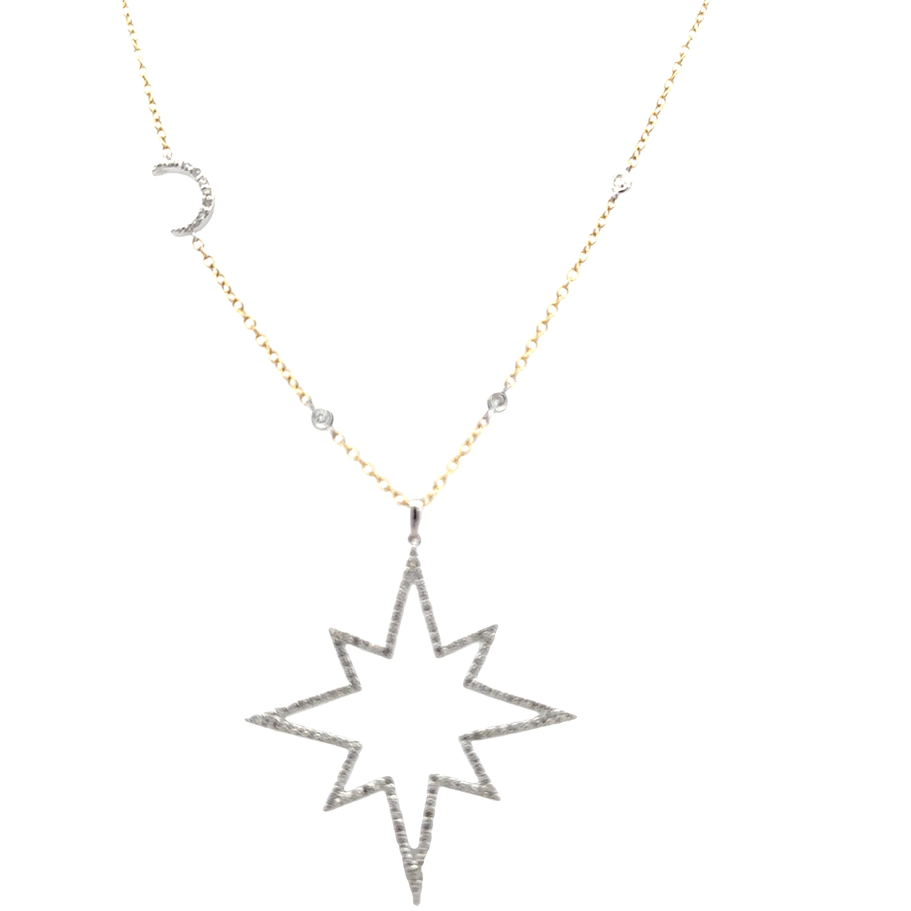 14k Two-Tone Gold Diamond Star Motif Pendant Necklace – 24" - Image 3