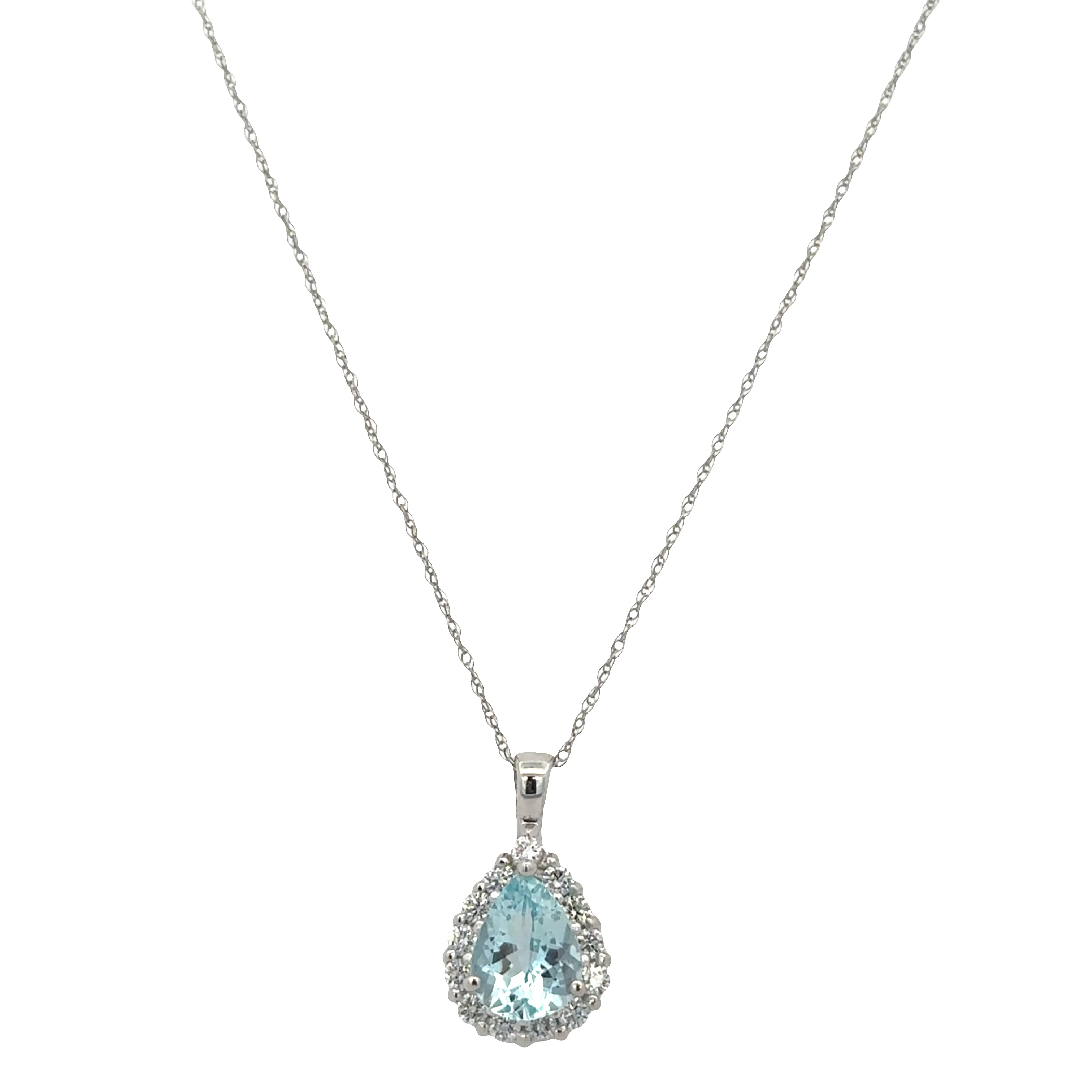 14k White Gold 0.95ct Pear Cut Aquamarine & Diamond Halo Pendant Necklace