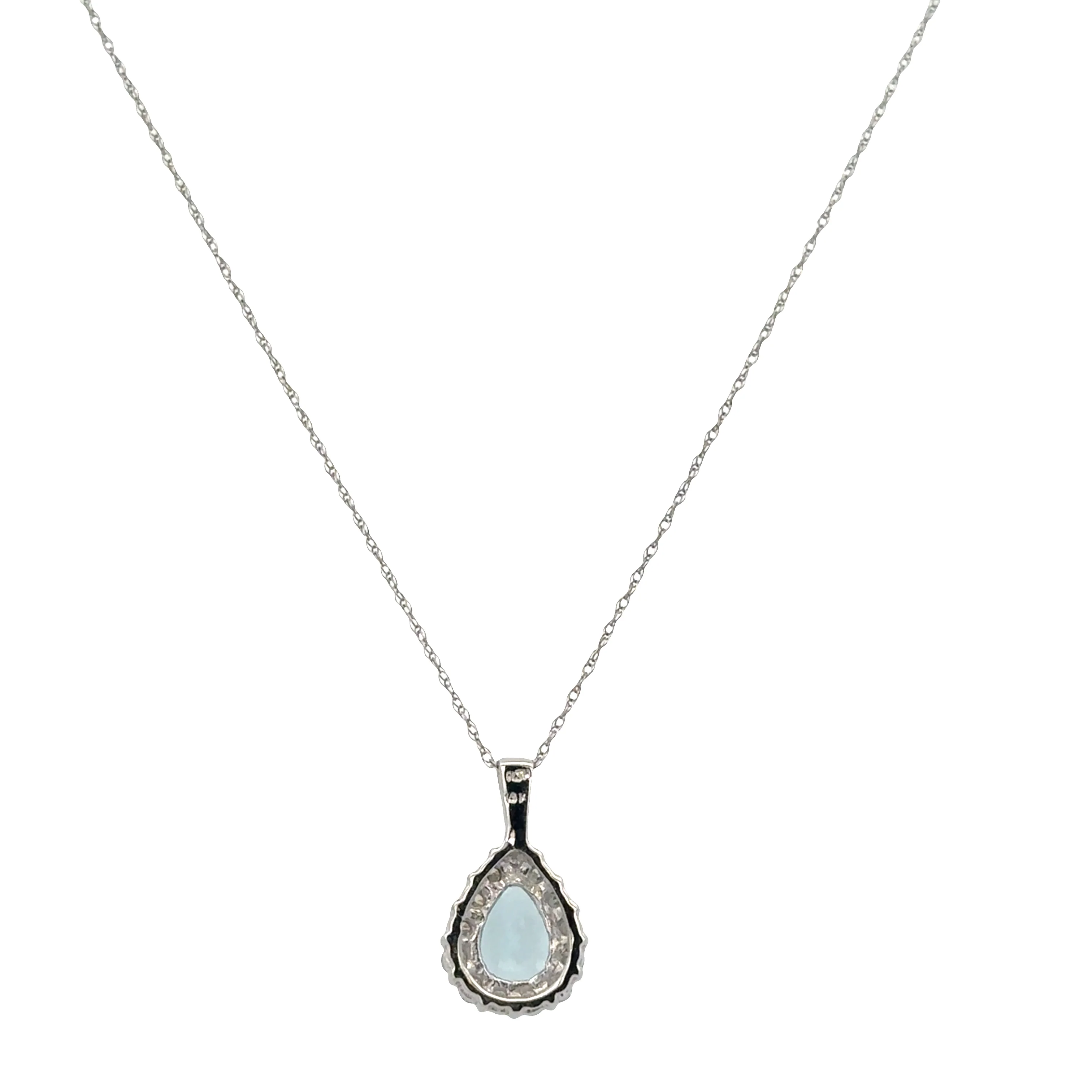14k White Gold 0.95ct Pear Cut Aquamarine & Diamond Halo Pendant Necklace - Image 2