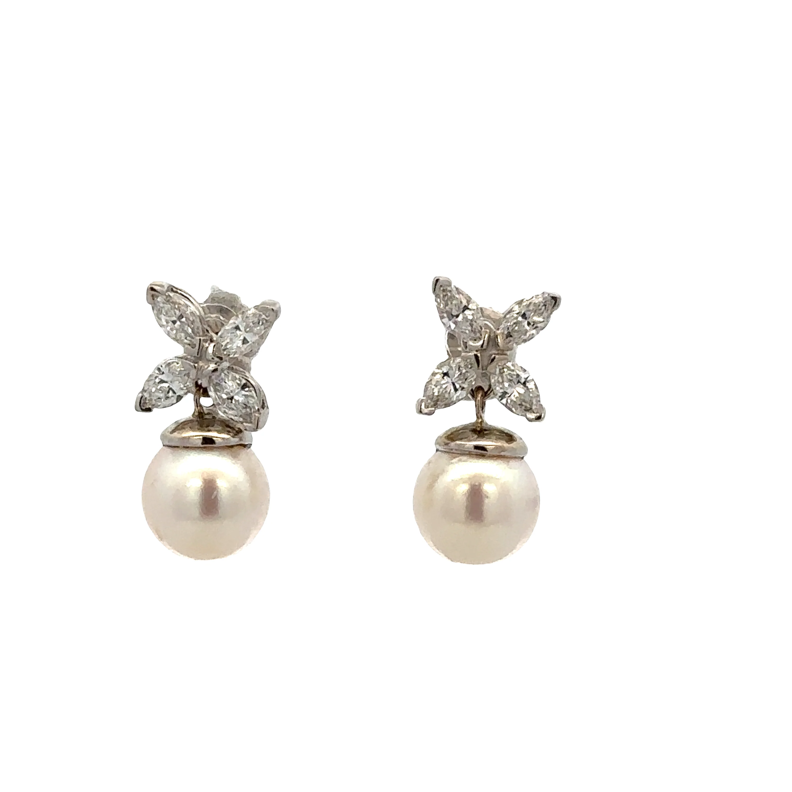 14k White Gold Akoya Pearl & Diamond Dangle Earrings – 5/8" Tall