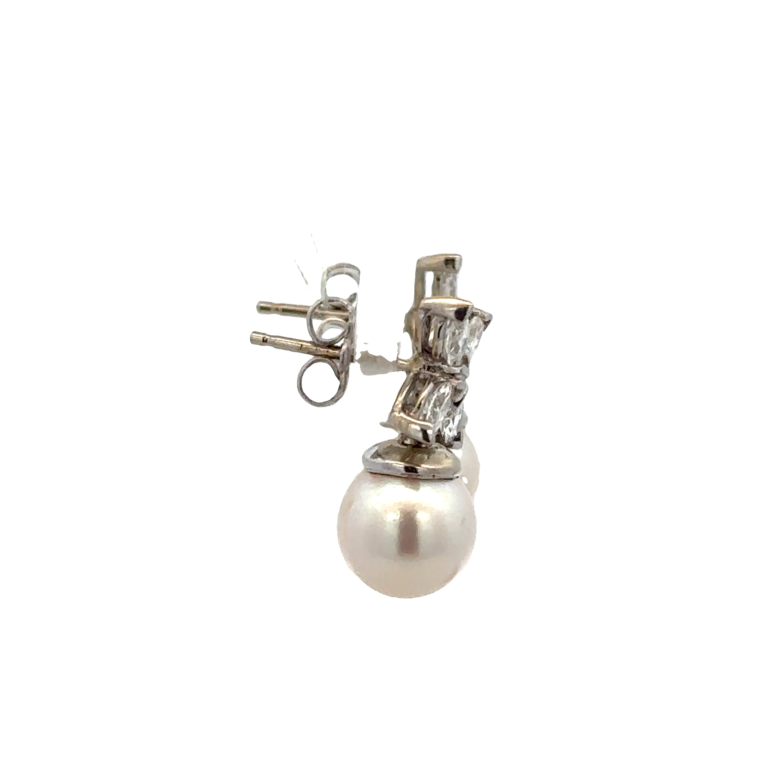 14k White Gold Akoya Pearl & Diamond Dangle Earrings – 5/8" Tall - Image 2