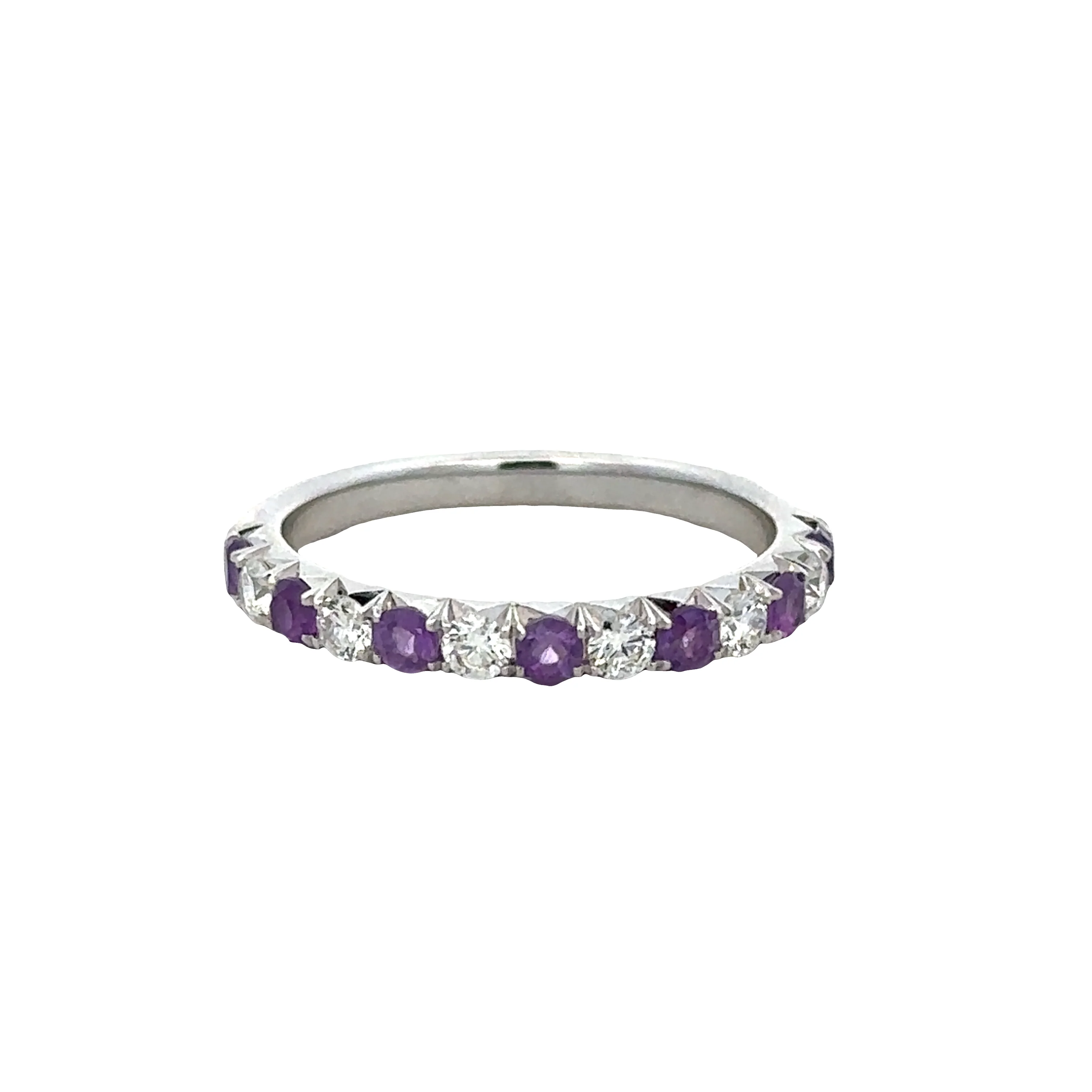 14k White Gold Amethyst & Diamond Alternating Band – Size 6
