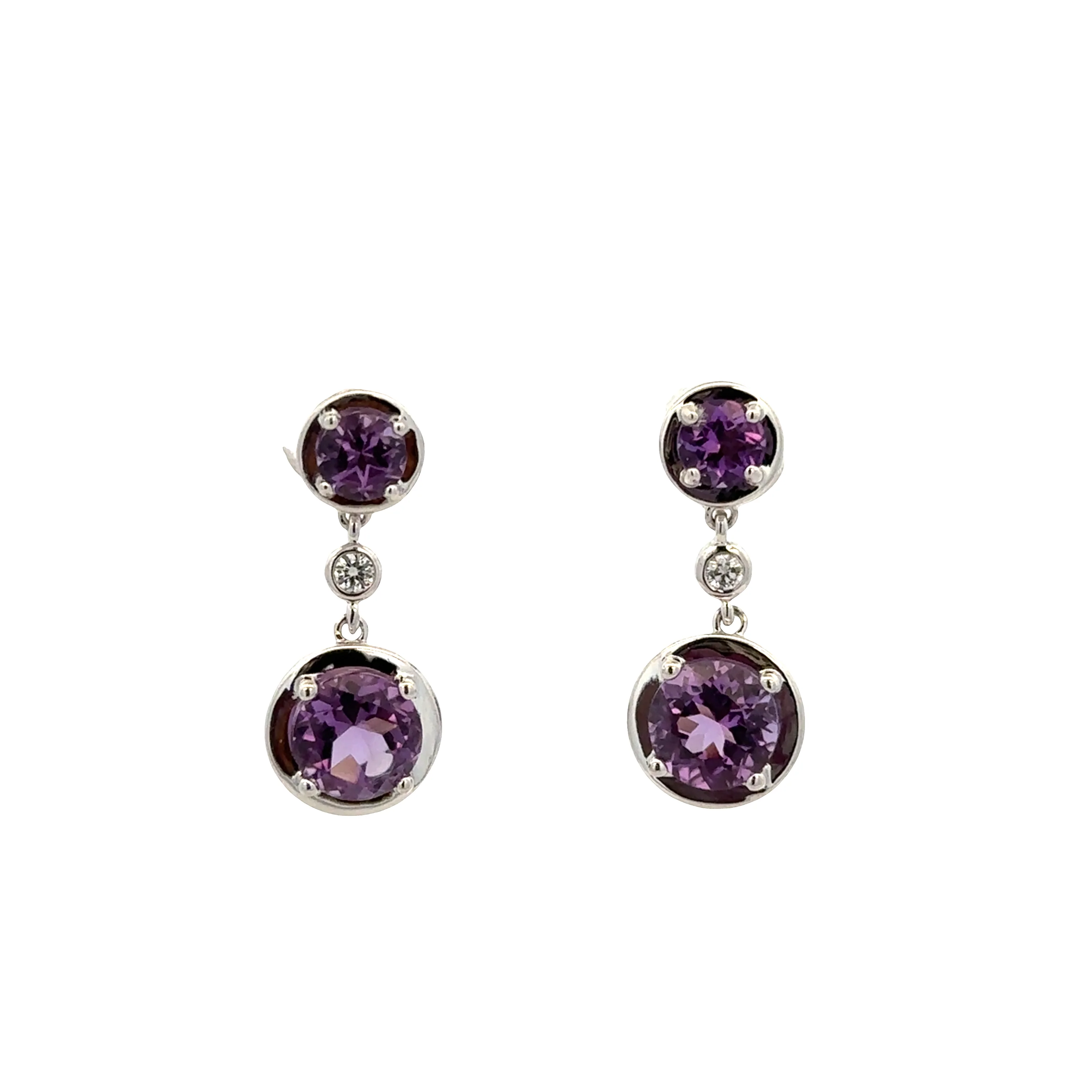 14k White Gold Amethyst & Diamond Dangle Earrings – 3/4" Tall