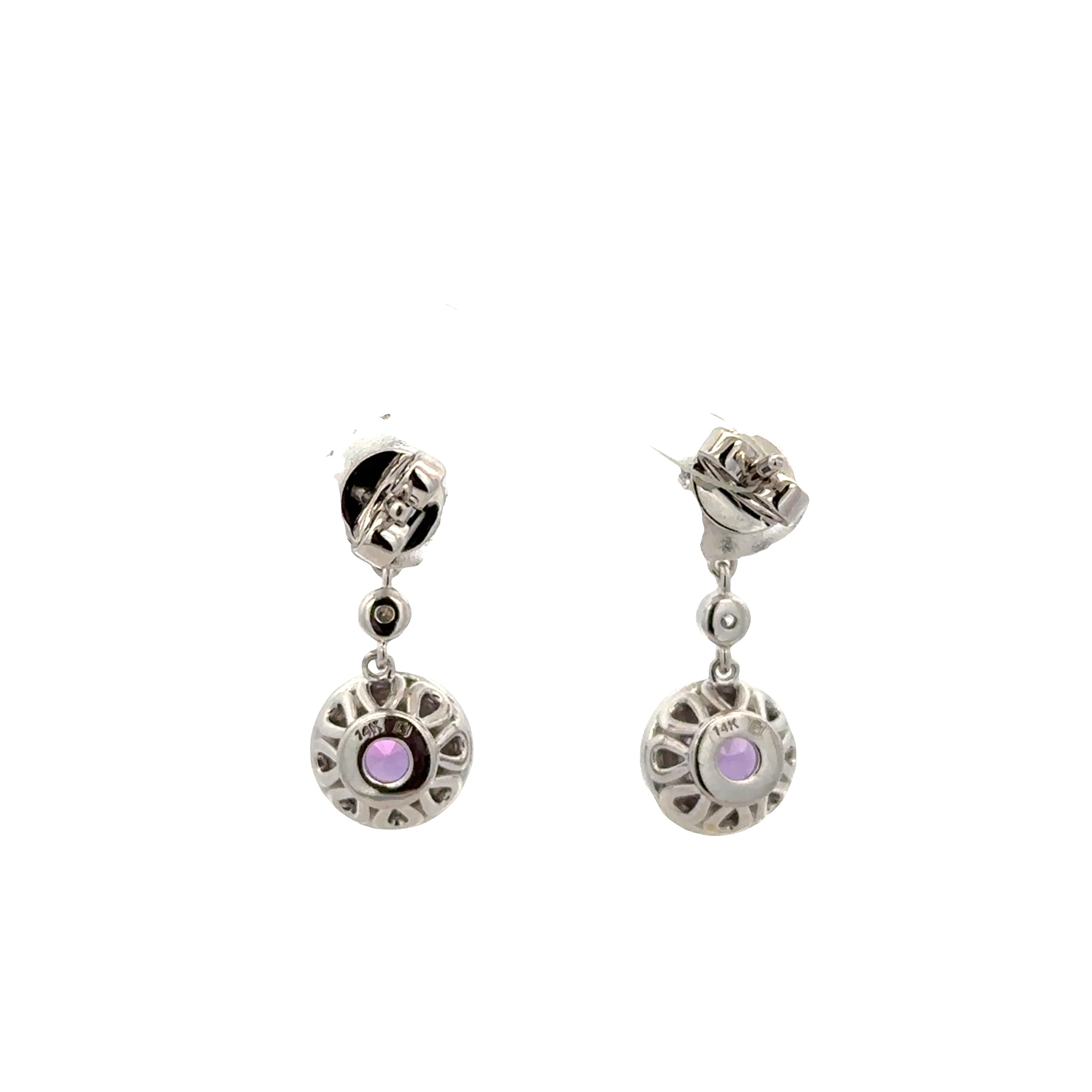 14k White Gold Amethyst & Diamond Dangle Earrings – 3/4" Tall - Image 2