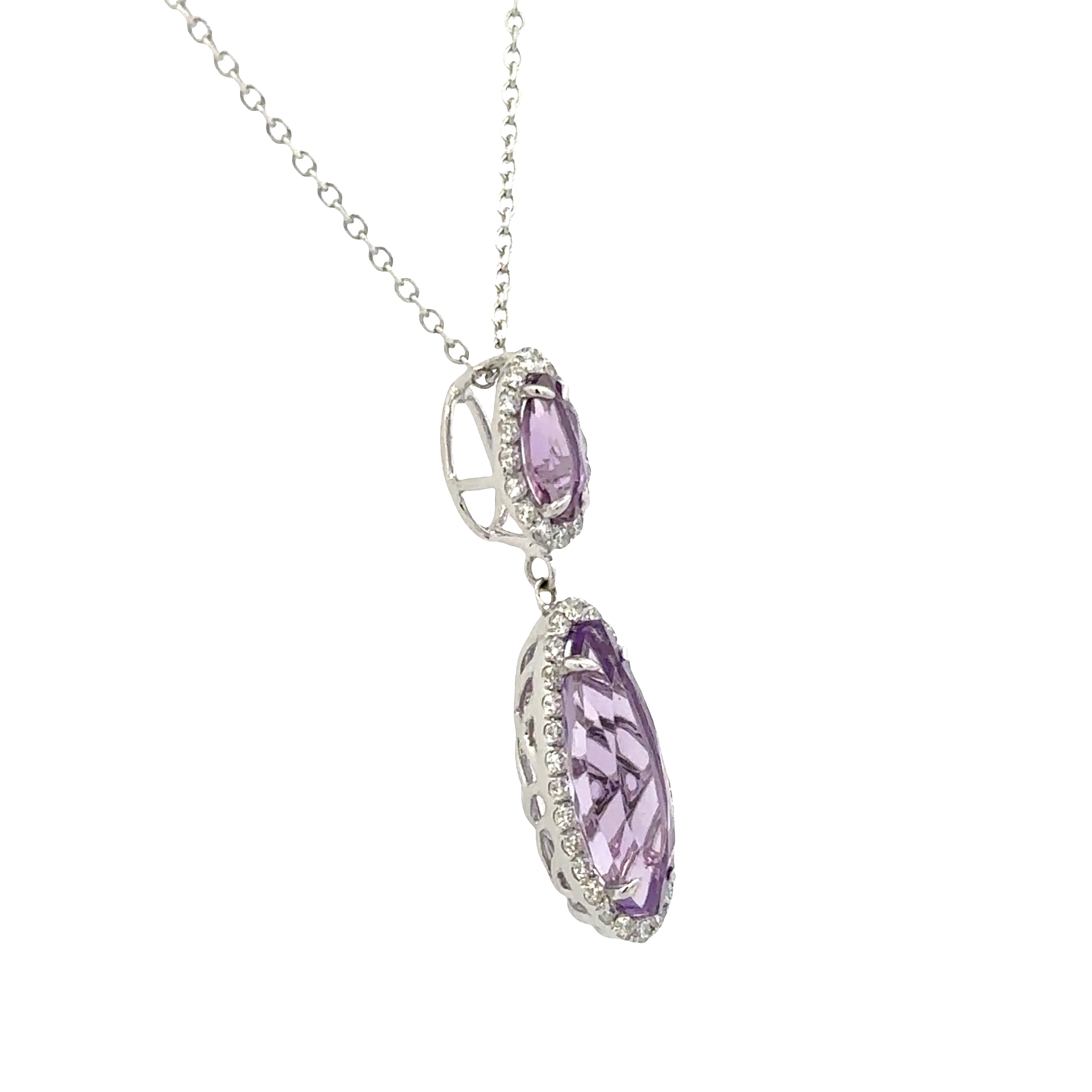14k White Gold Amethyst & Diamond Halo Pendant – Adjustable 18" - Image 2