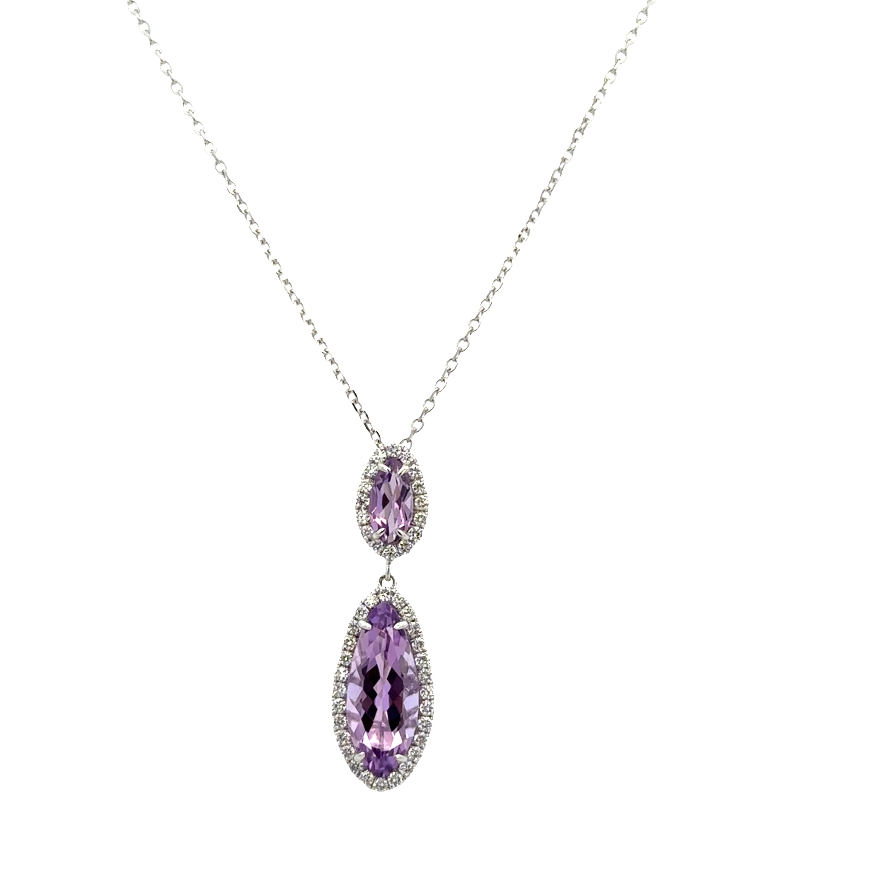 14k White Gold Amethyst & Diamond Halo Pendant – Adjustable 18" - Image 3