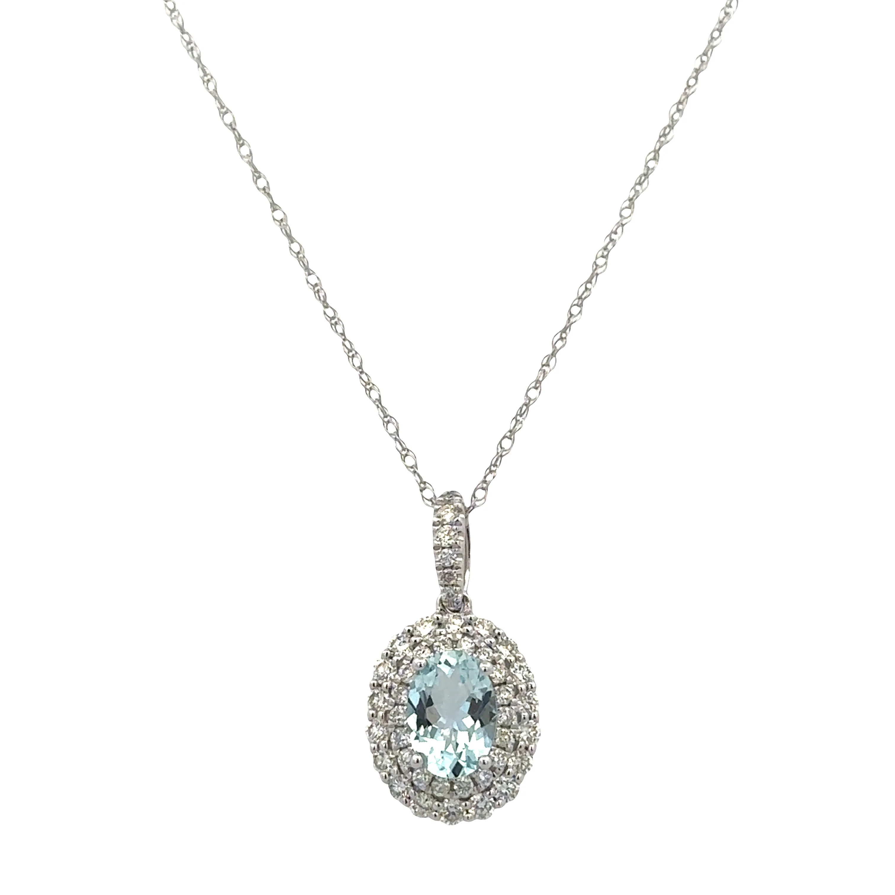 14k White Gold Aquamarine & Diamond Double Halo Pendant