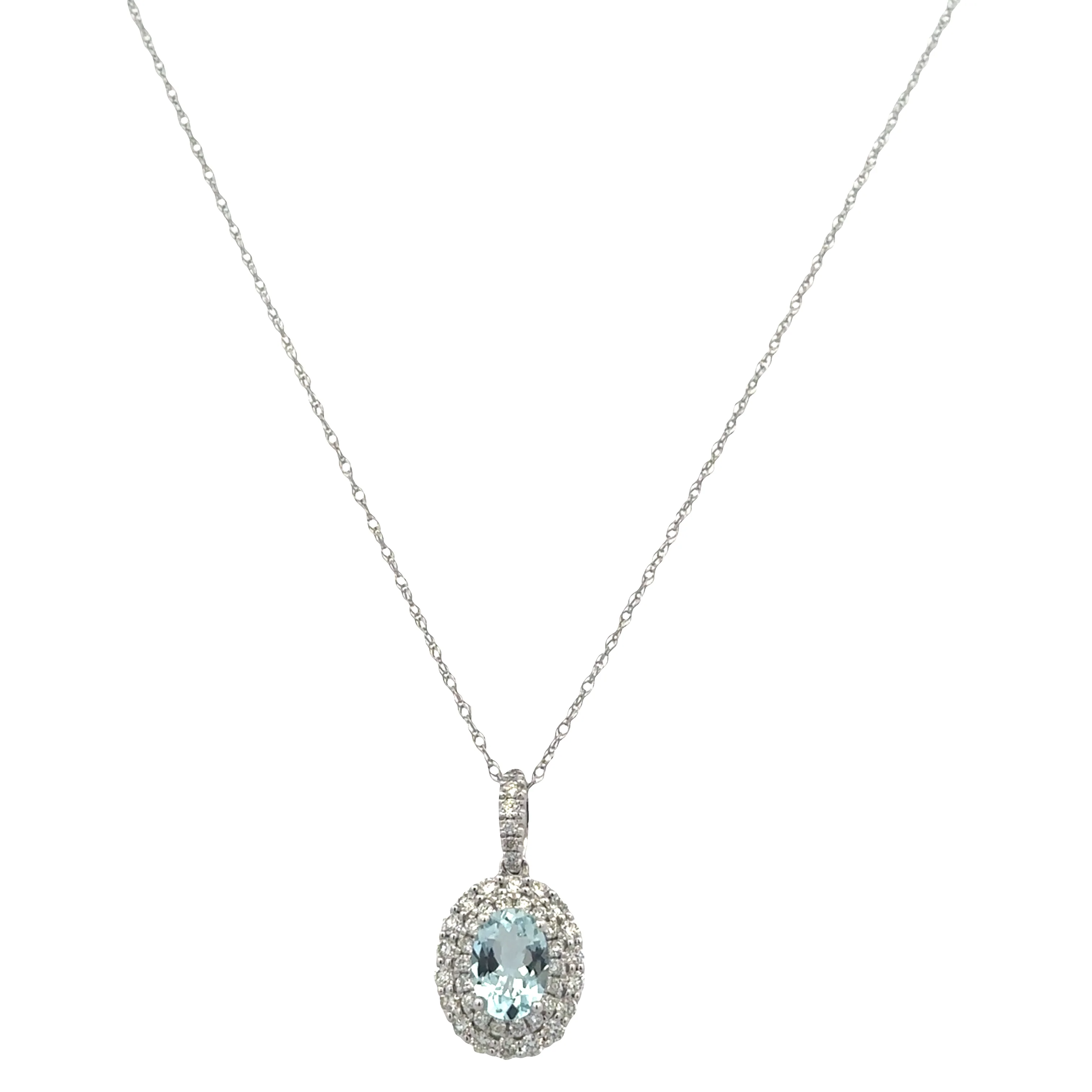 14k White Gold Aquamarine & Diamond Double Halo Pendant - Image 2
