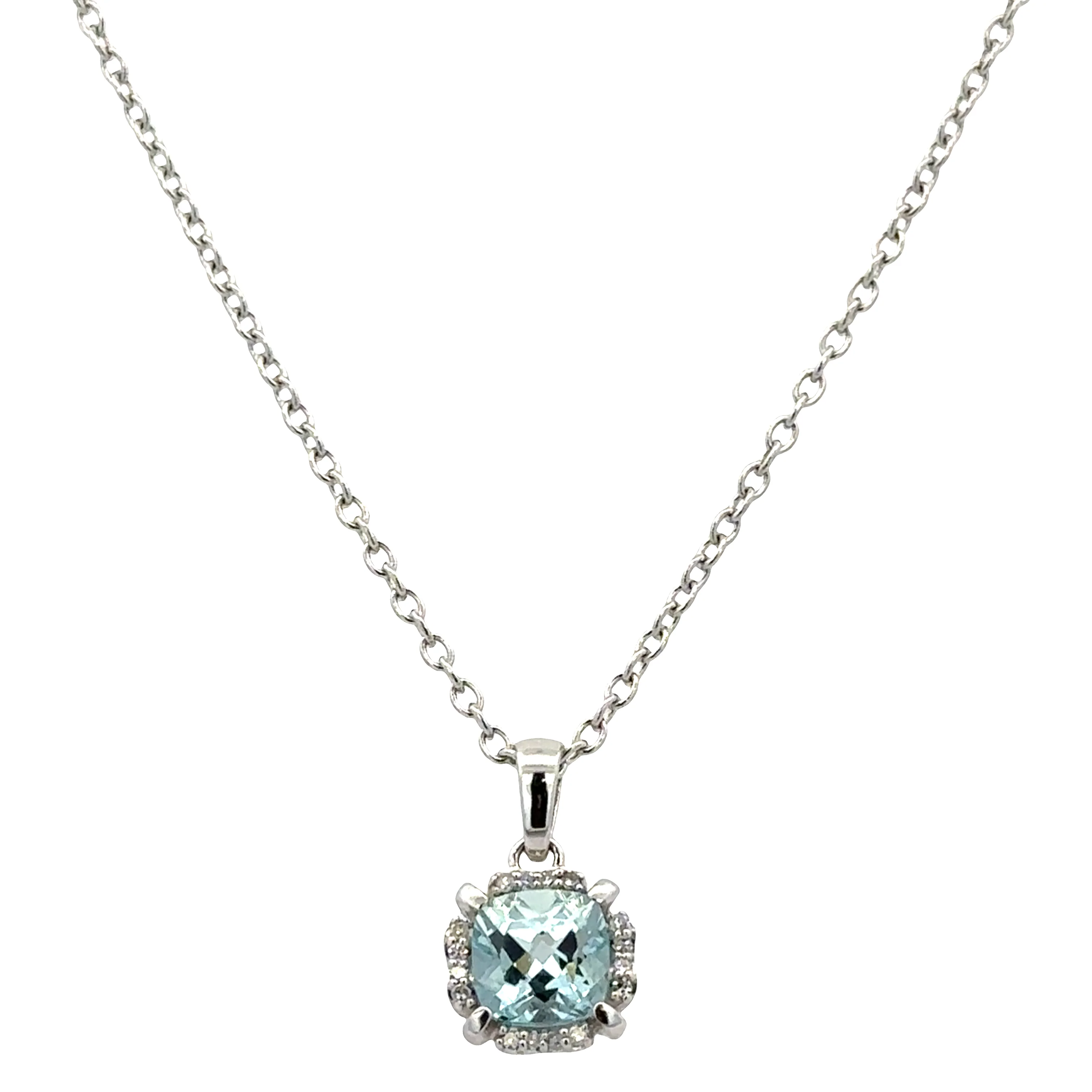 14k White Gold Aquamarine & Diamond Halo Pendant Necklace – 18"