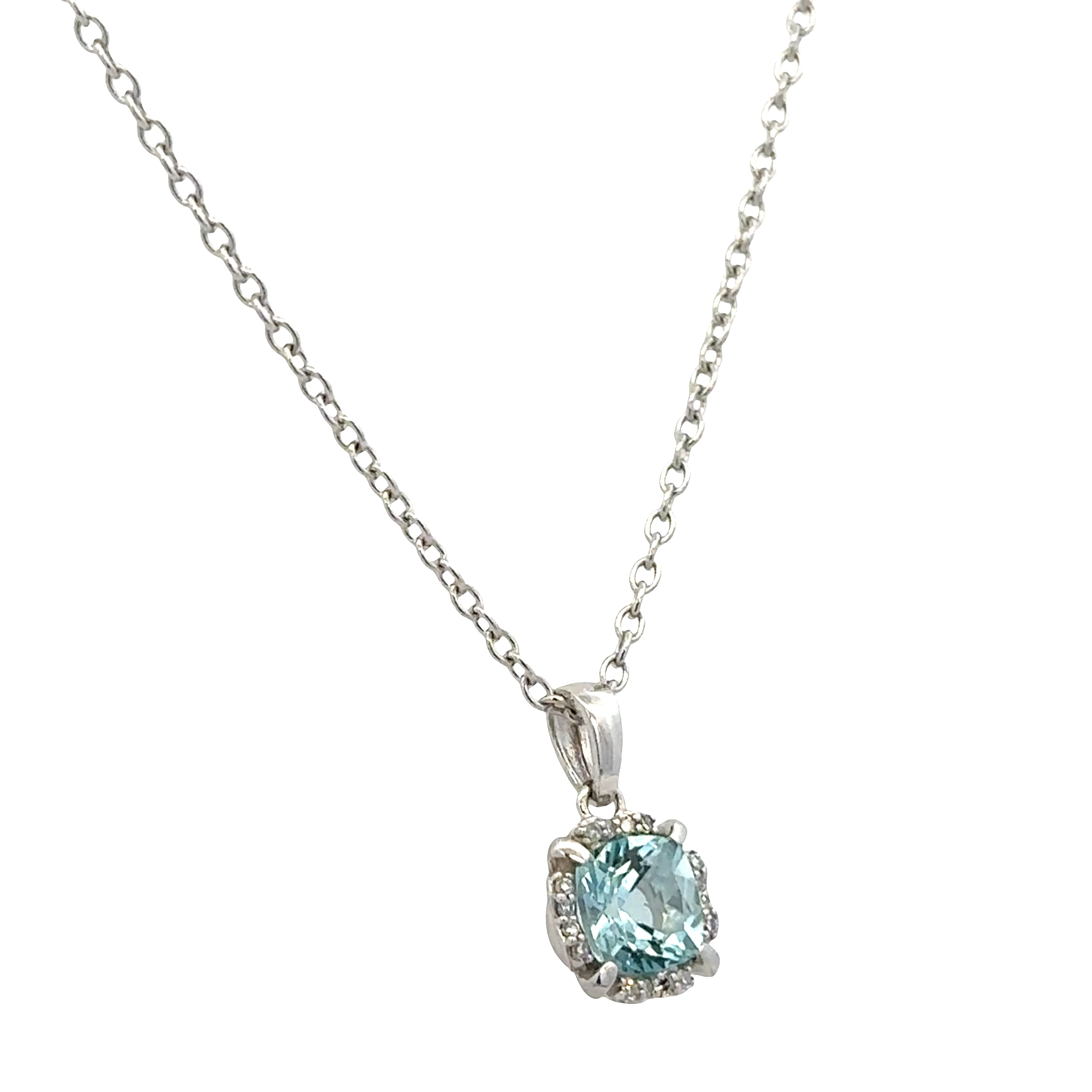 14k White Gold Aquamarine & Diamond Halo Pendant Necklace – 18" - Image 2