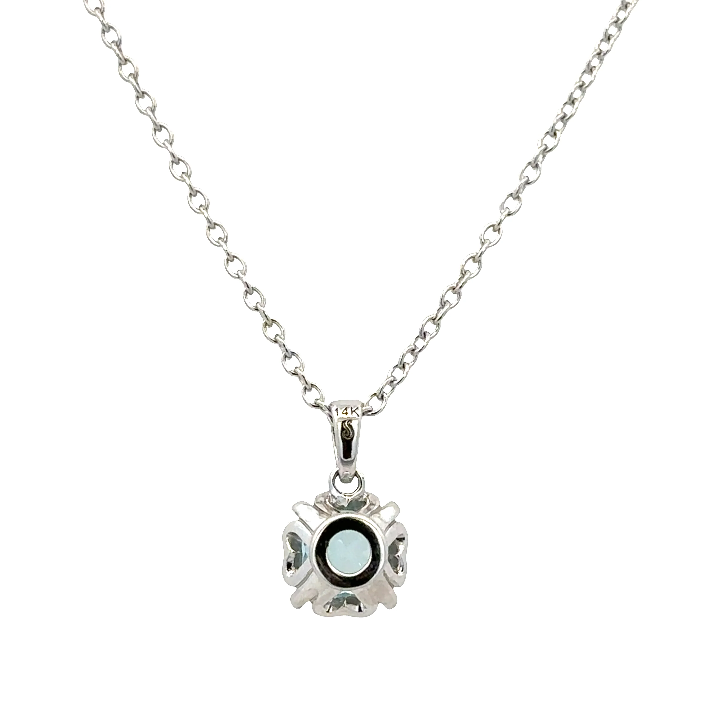 14k White Gold Aquamarine & Diamond Halo Pendant Necklace – 18" - Image 3