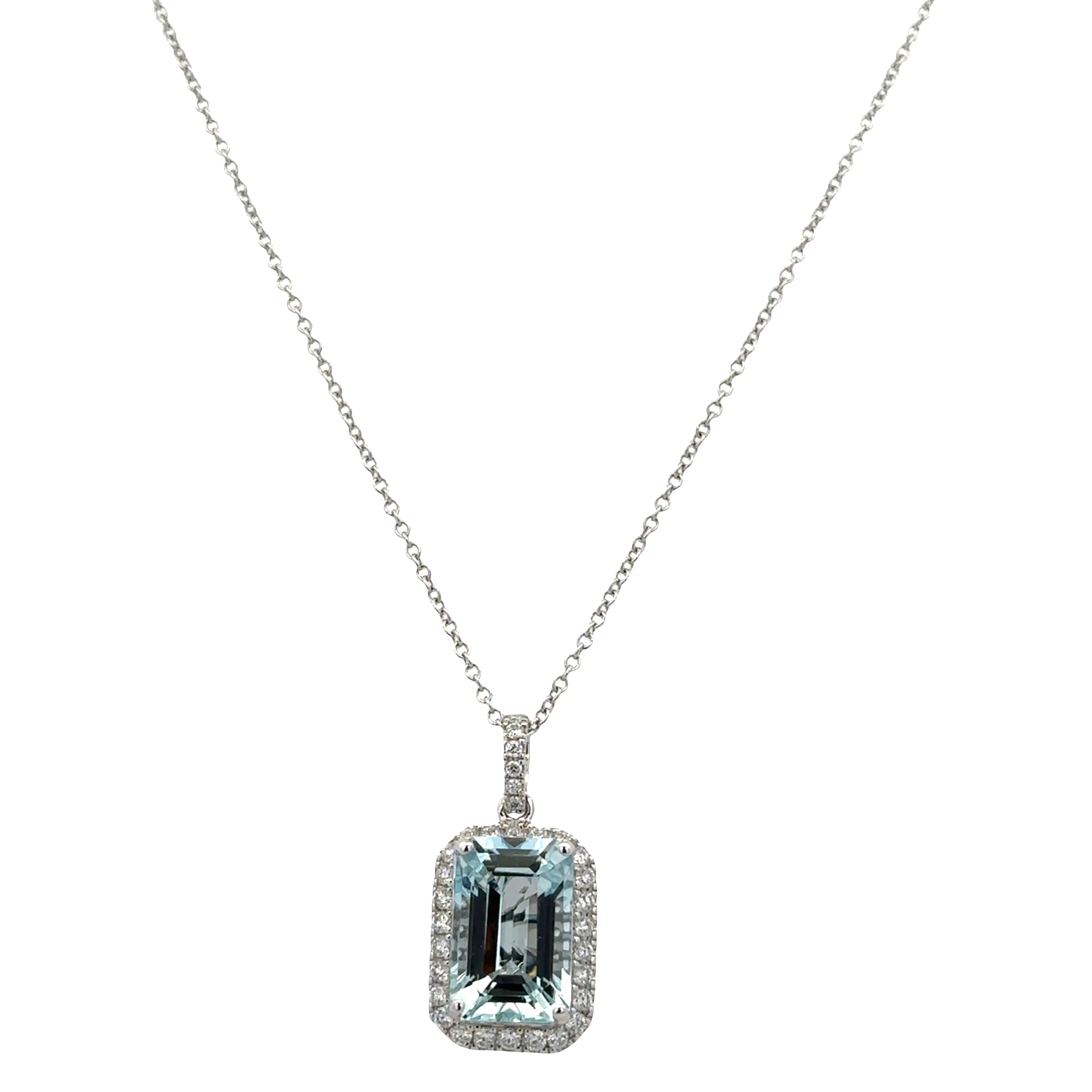 14k White Gold Aquamarine & Diamond Halo Pendant Necklace – 18" - Image 2