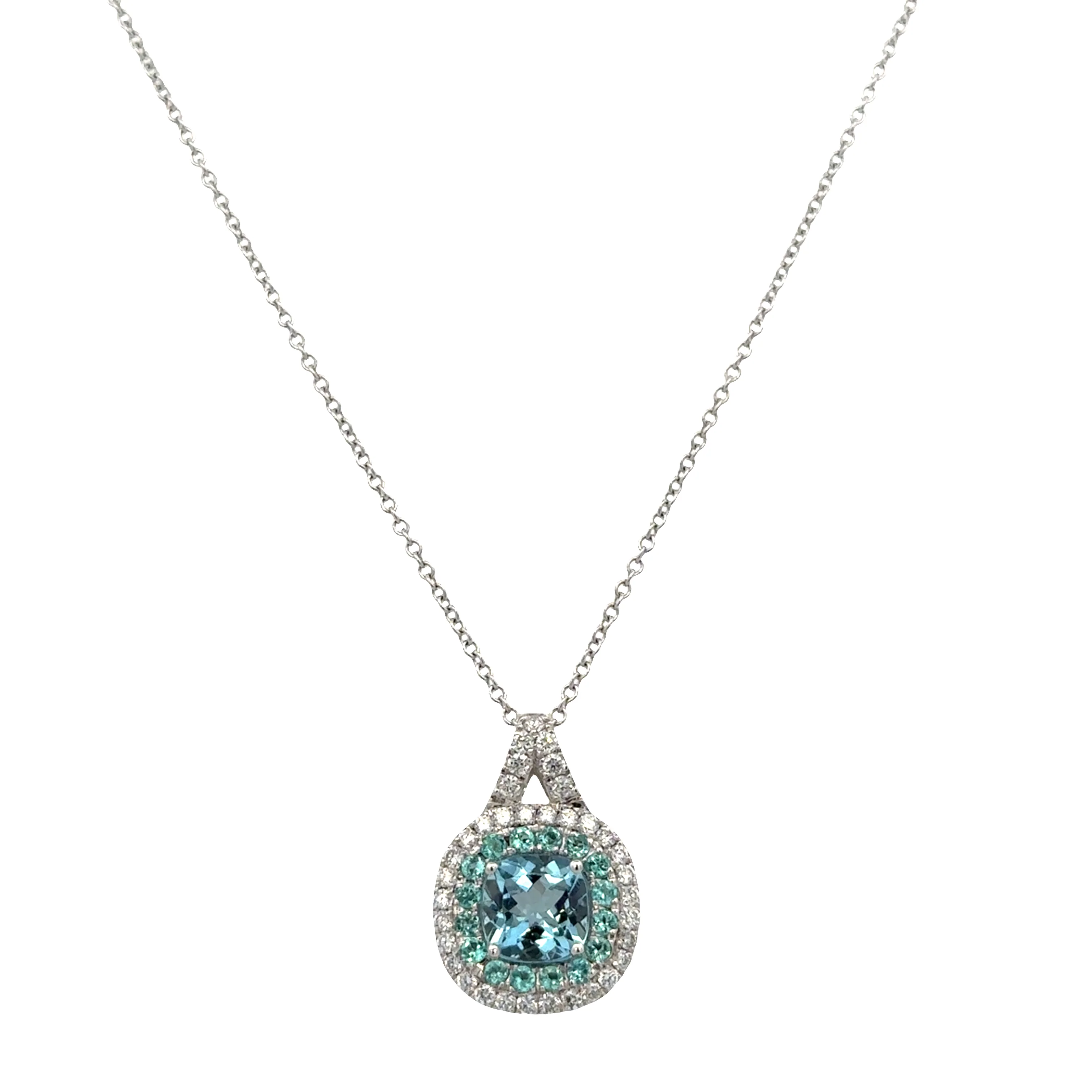 14k White Gold Aquamarine, Tourmaline & Diamond Double Halo Pendant