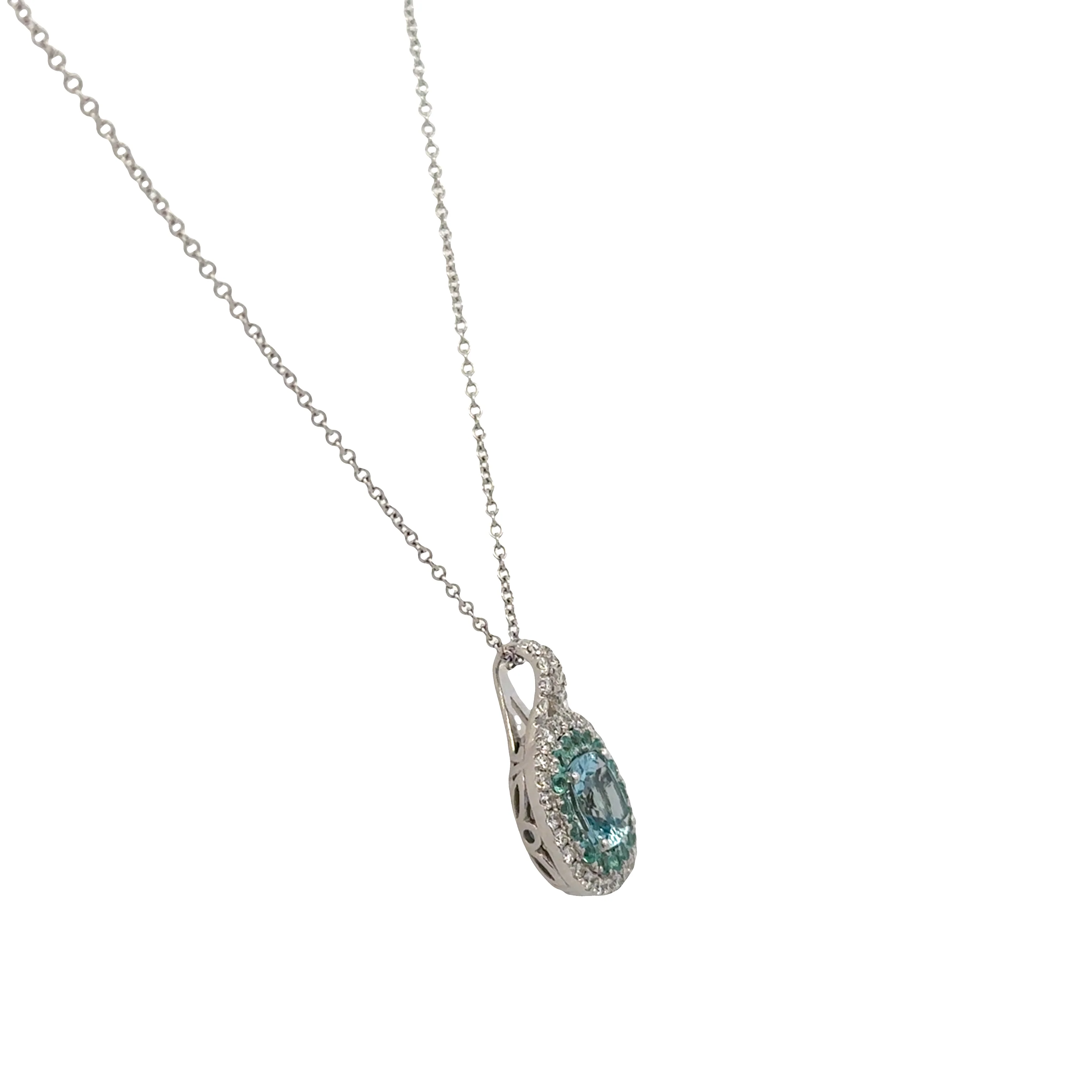 14k White Gold Aquamarine, Tourmaline & Diamond Double Halo Pendant - Image 2