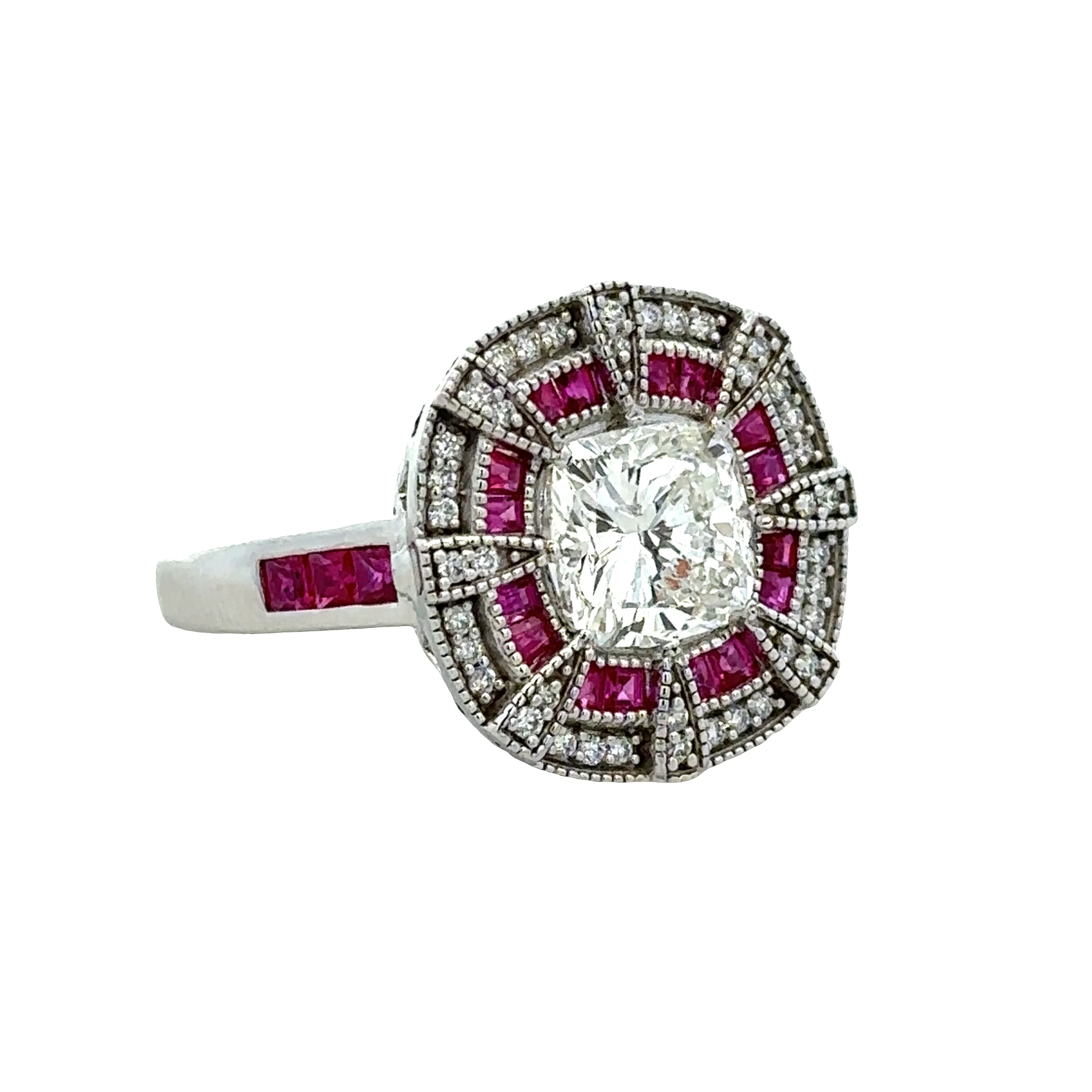 14k White Gold Art Deco–Inspired Diamond & Ruby Statement Ring – Size 7.25 - Image 2