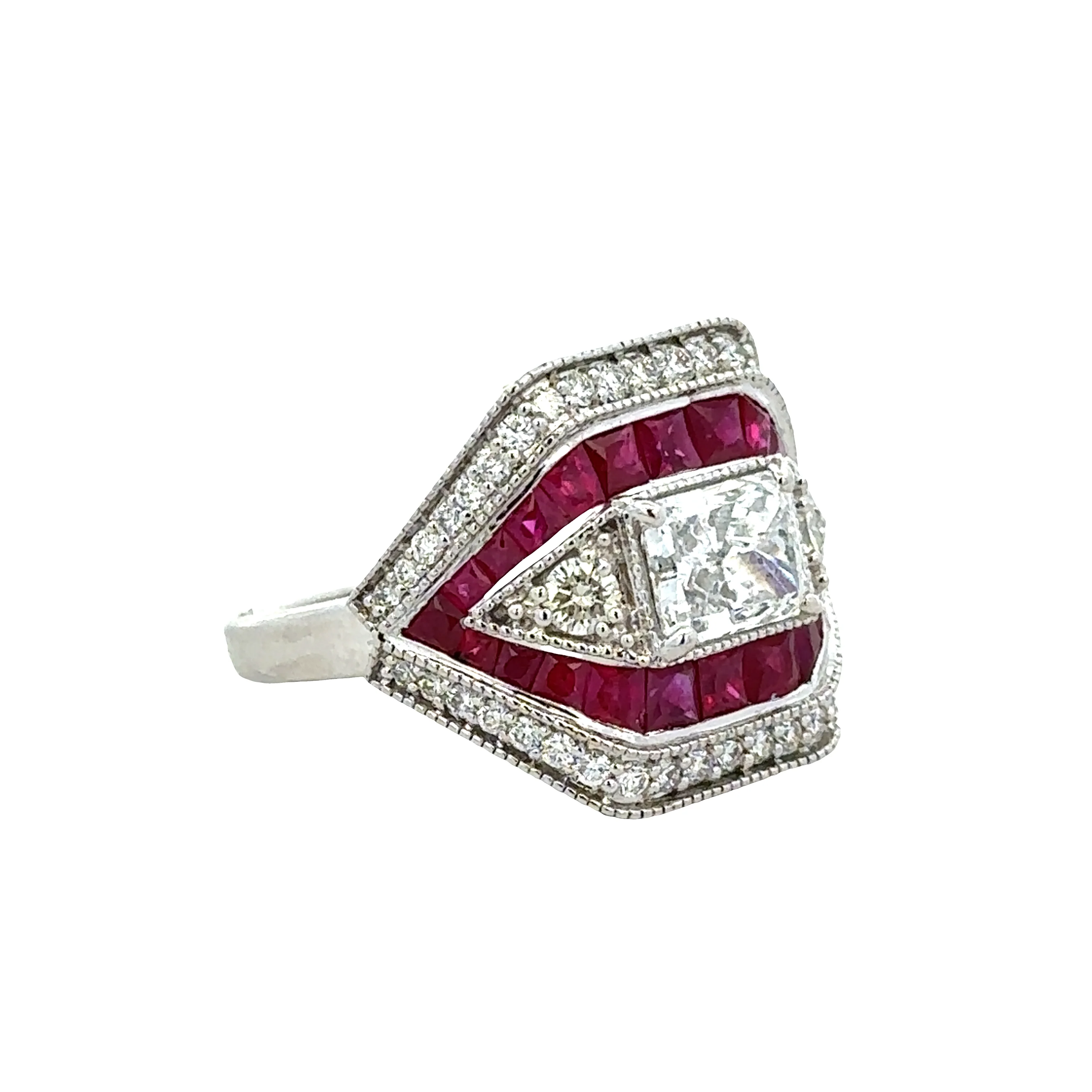 14k White Gold Art Deco–Inspired Diamond & Ruby Statement Ring – Size 7.25 - Image 2