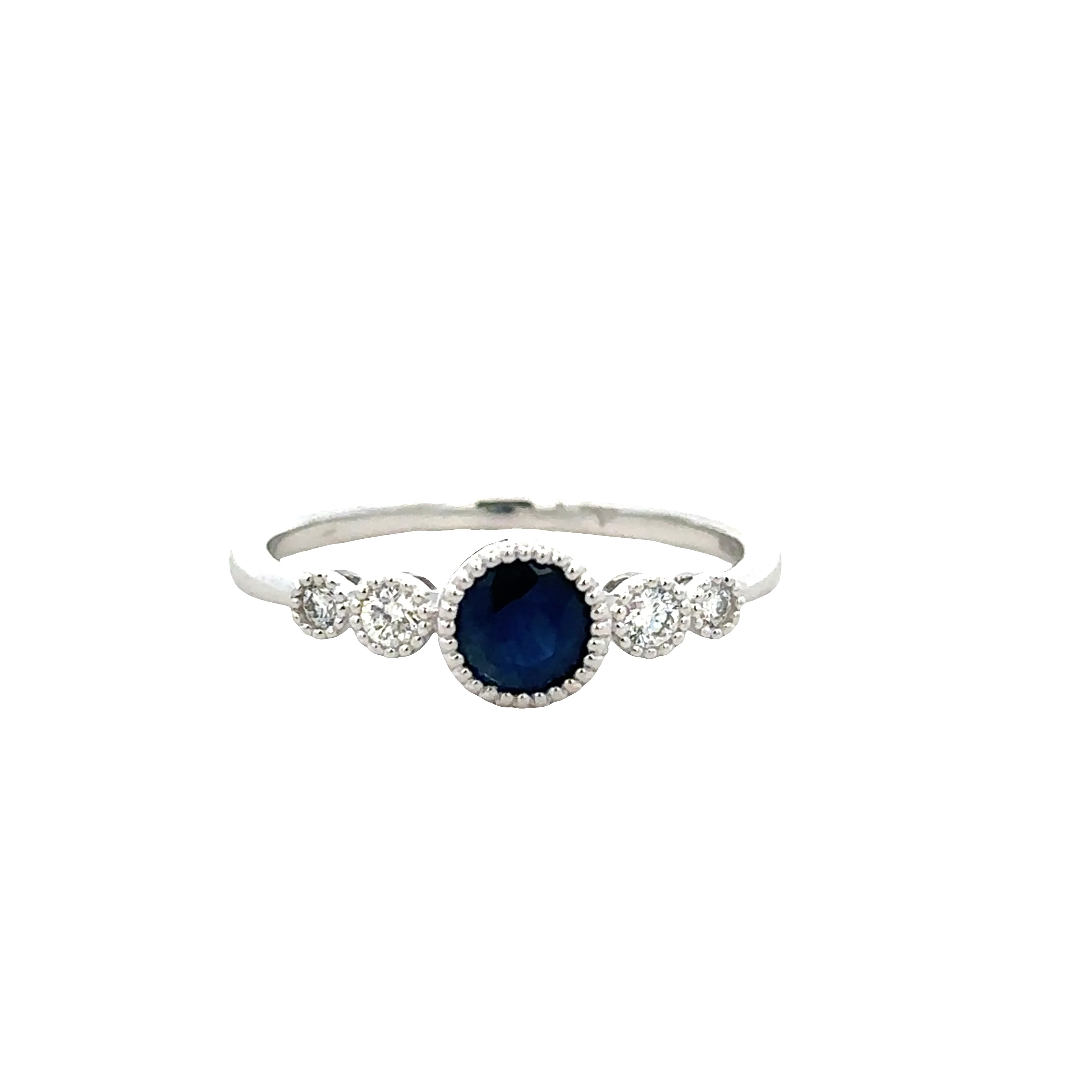 14k White Gold Bezel Set Blue Sapphire and Diamond Ring – 0.65 ct. Sapphire, 0.12 ct. Diamonds