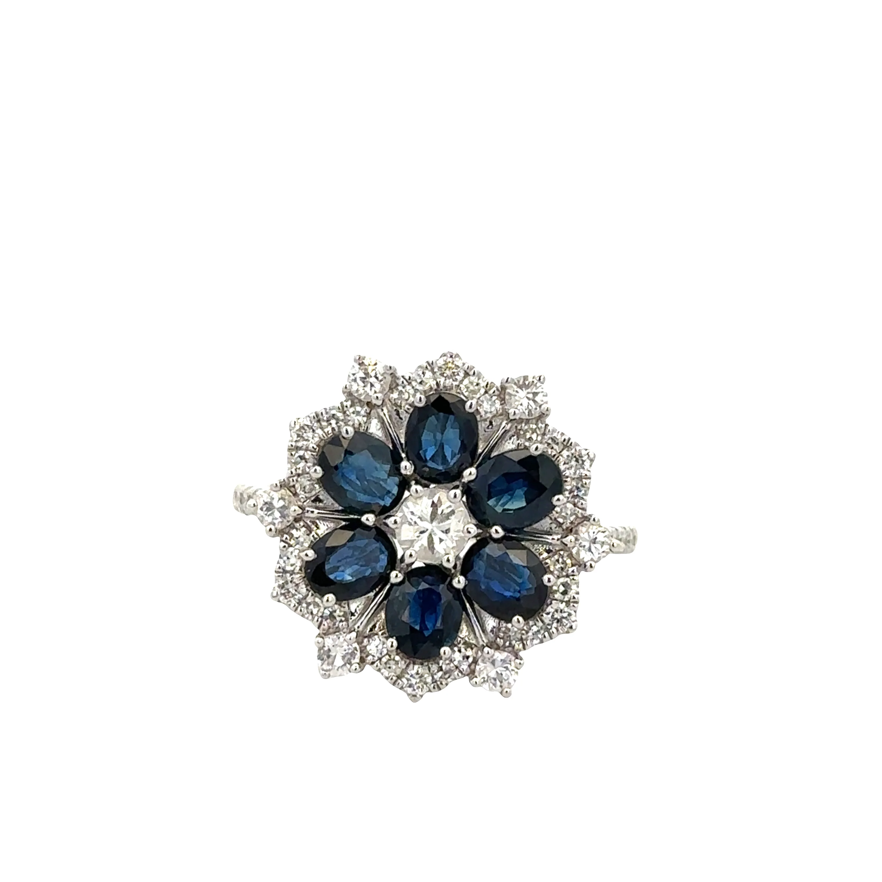 14k White Gold Blue Sapphire and Diamond Floral Ring – Size 7