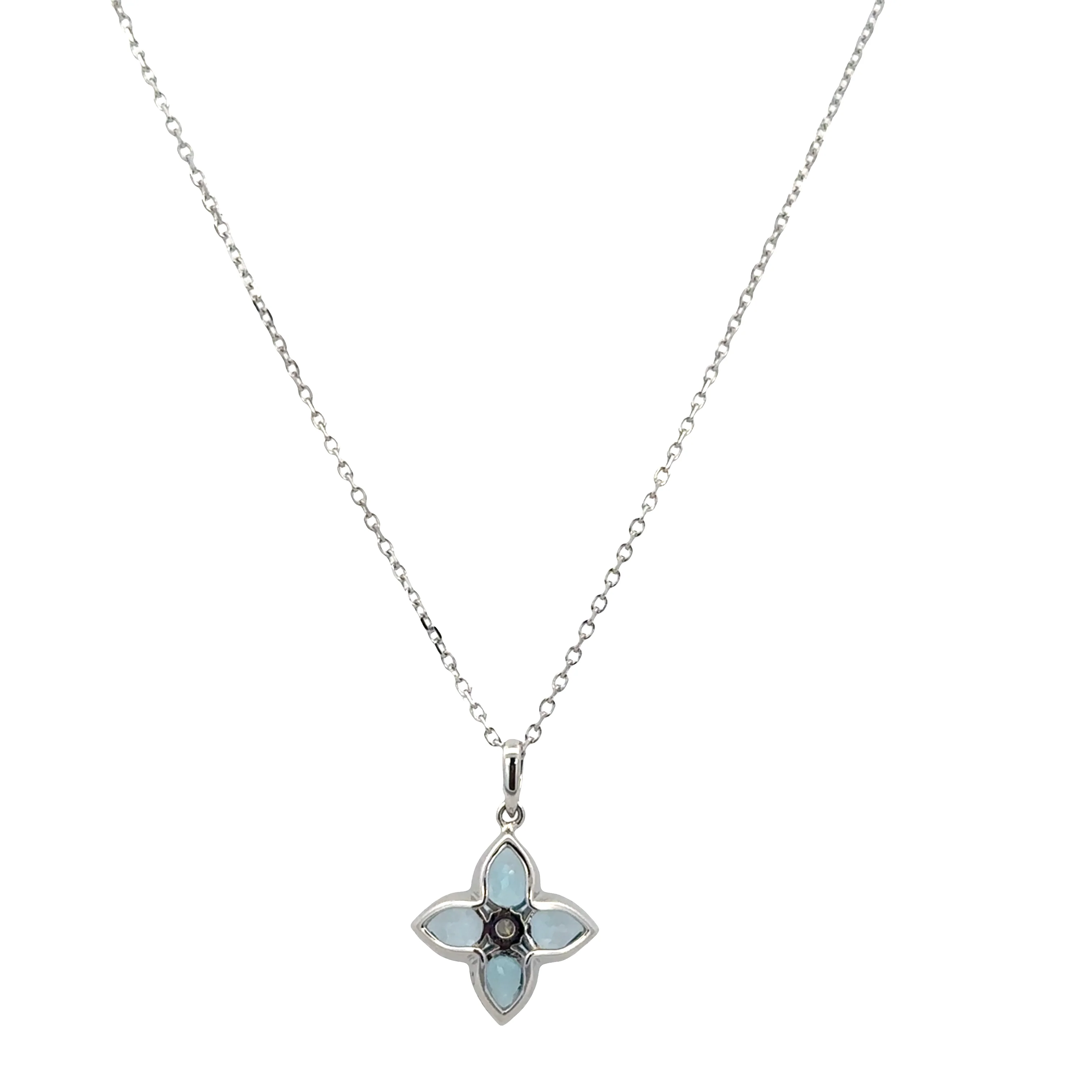 14k White Gold Blue Topaz & Diamond Quatrefoil Pendant Necklace – Adjustable 18" - Image 2