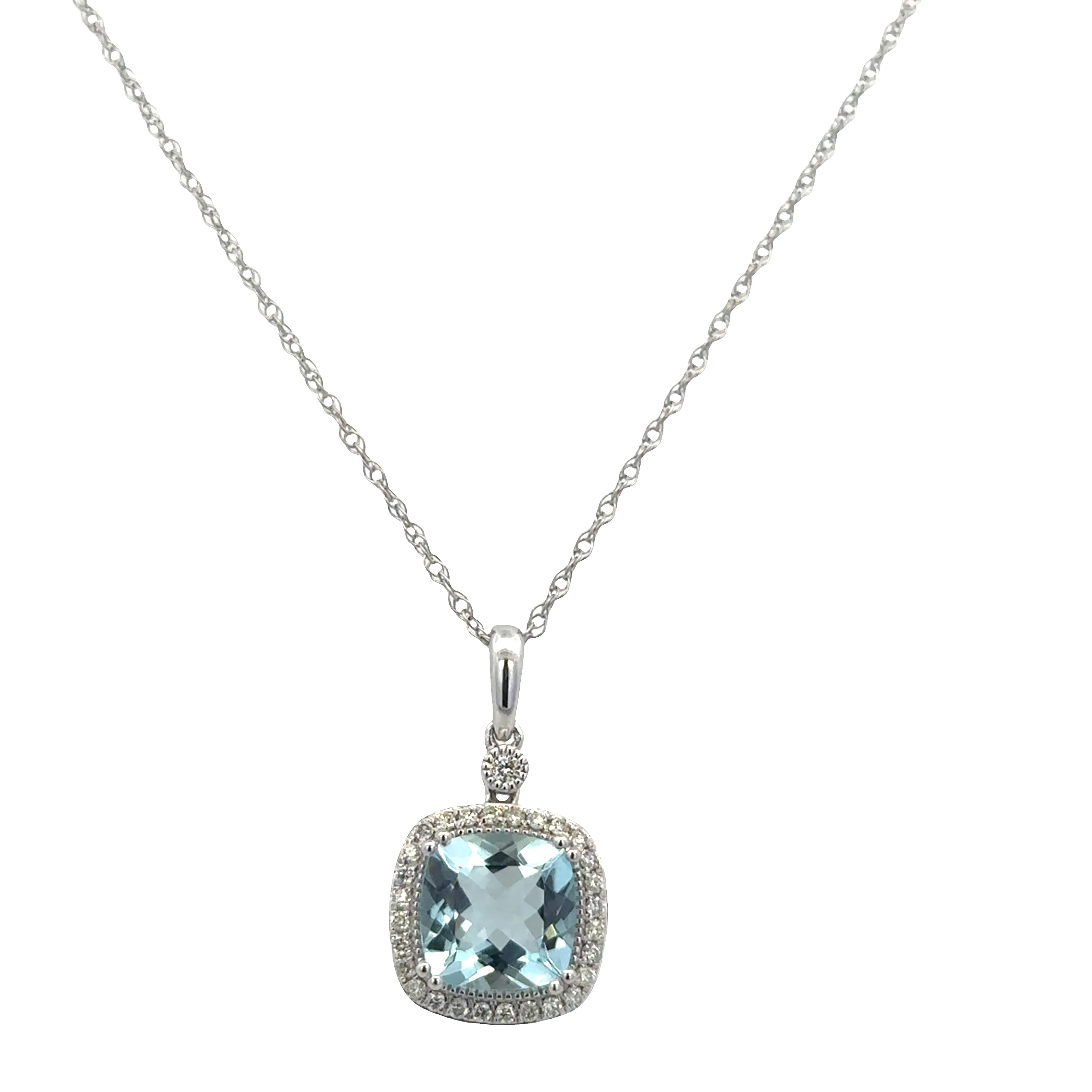 14k White Gold Cushion Cut 1.90ct Aquamarine & Diamond Halo Pendant Necklace