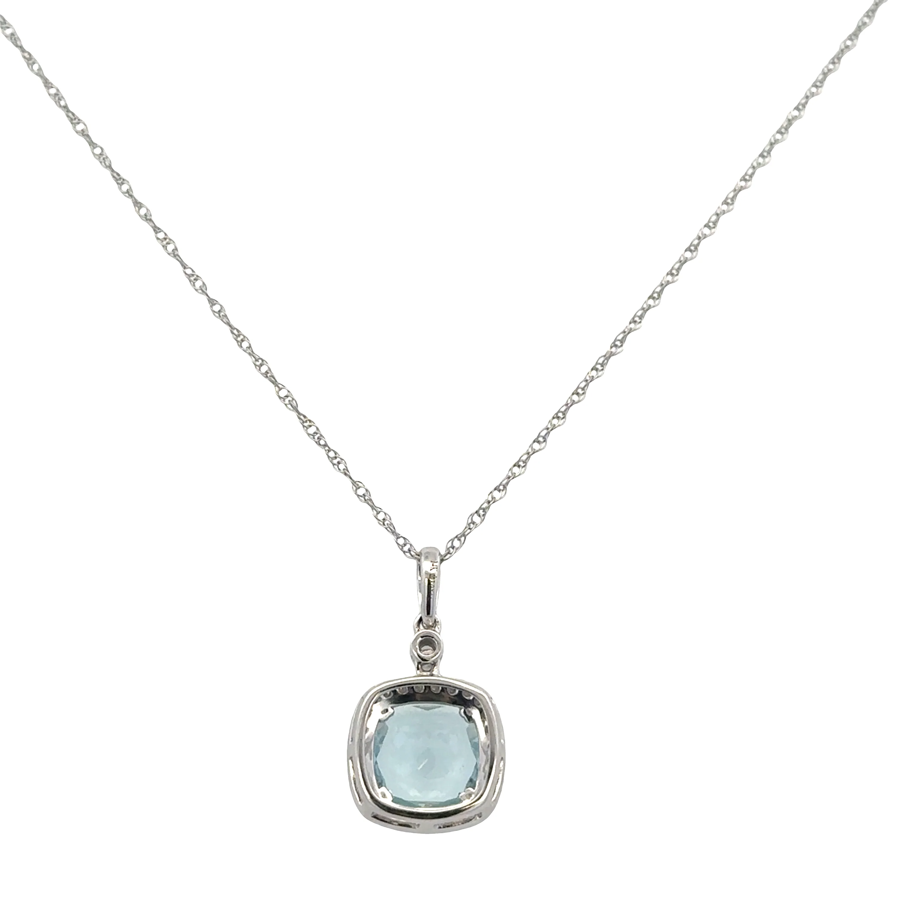 14k White Gold Cushion Cut 1.90ct Aquamarine & Diamond Halo Pendant Necklace - Image 2