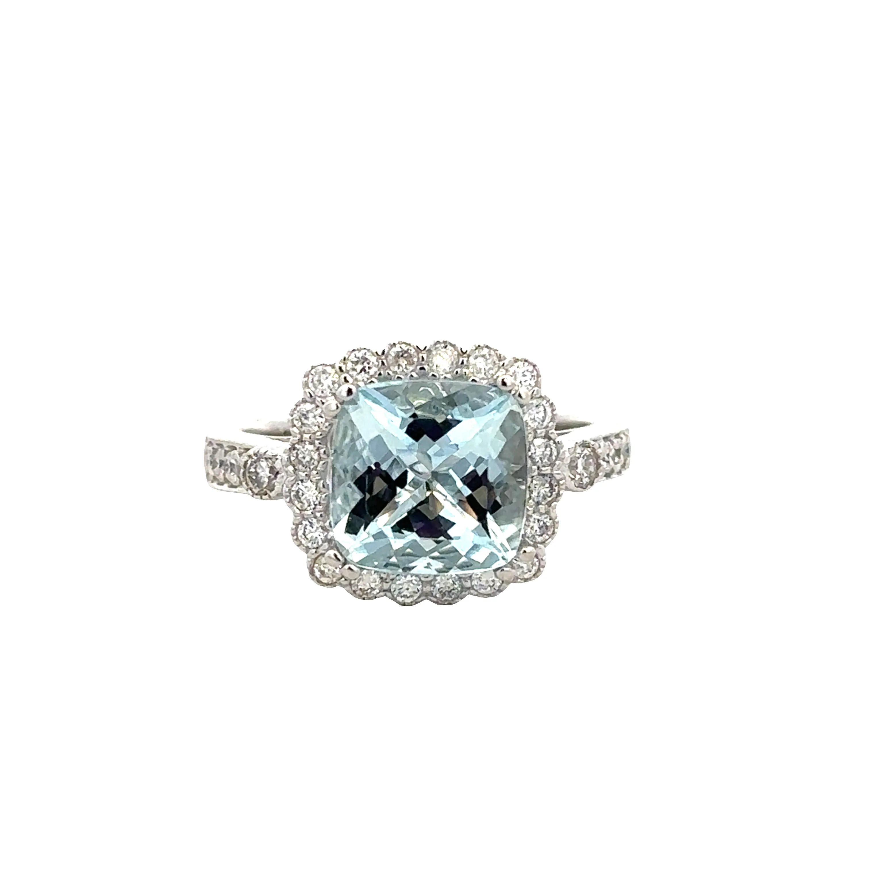 14k White Gold Cushion Cut Aquamarine and Diamond Halo Ring – 2.75 ct. Aquamarine, 0.50 ct. Diamonds