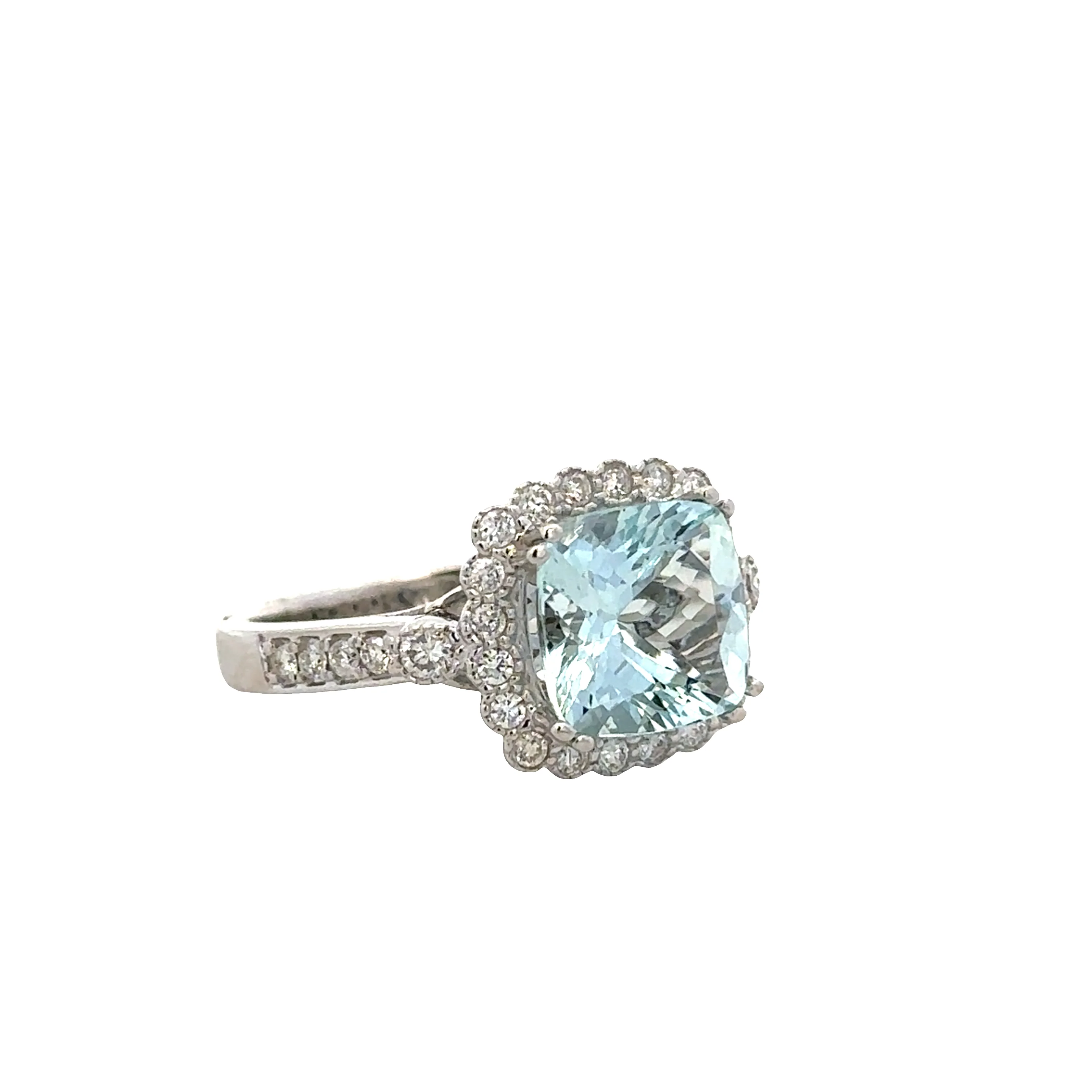 14k White Gold Cushion Cut Aquamarine and Diamond Halo Ring – 2.75 ct. Aquamarine, 0.50 ct. Diamonds - Image 2