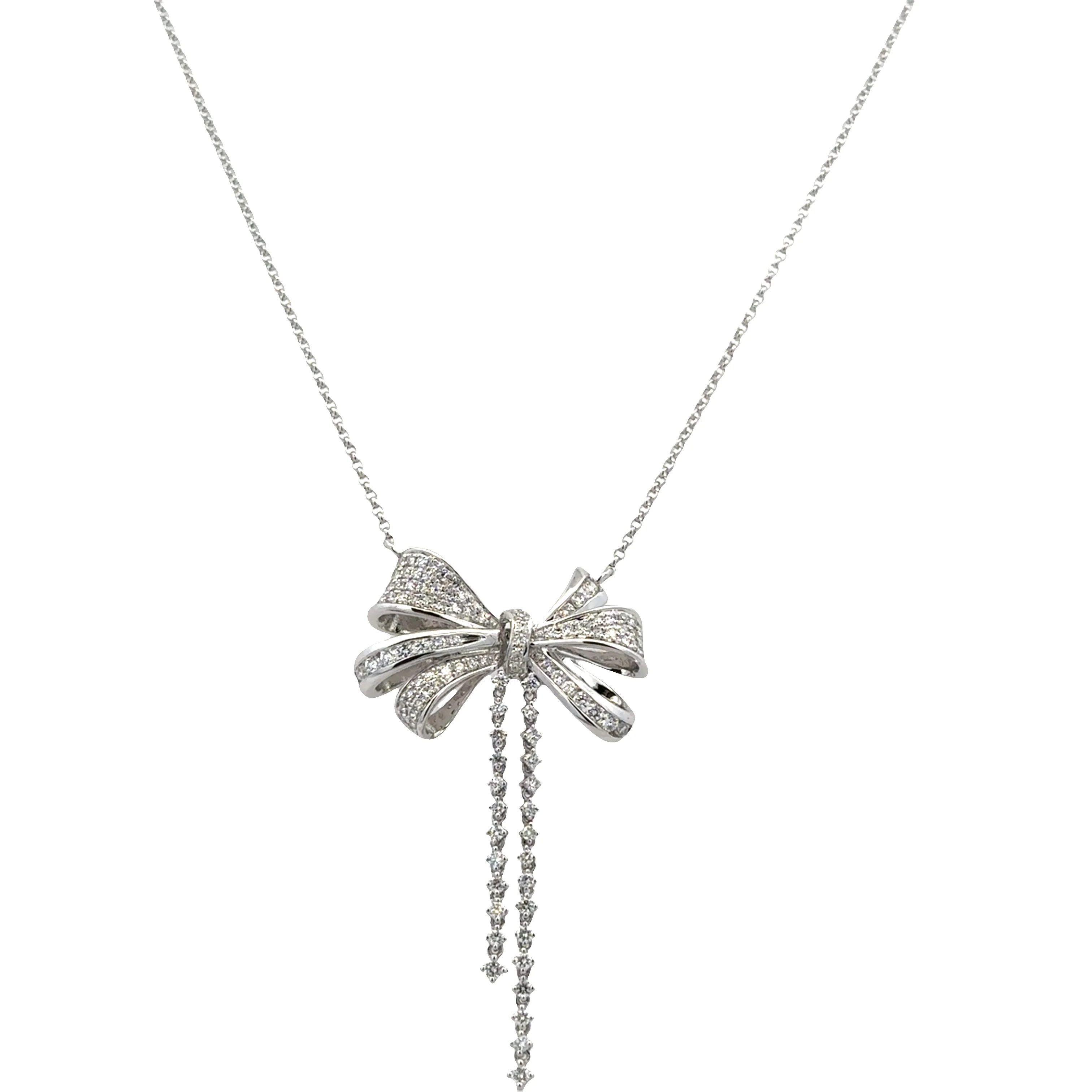 14k White Gold Diamond Bow Necklace – Adjustable 16"