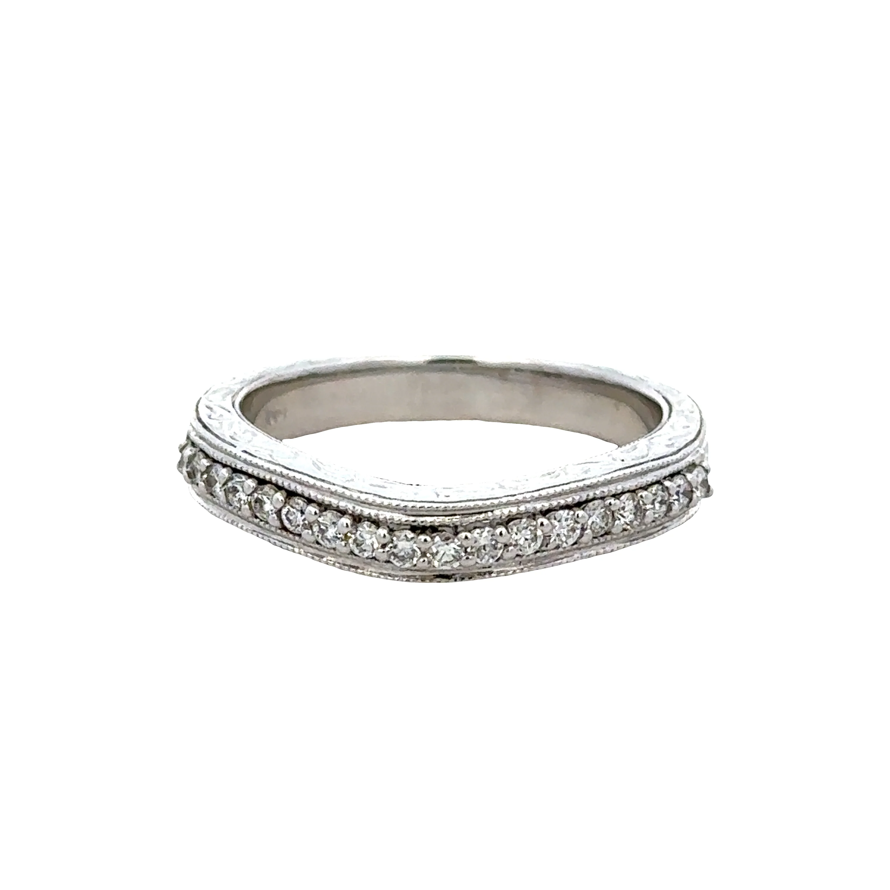 14k White Gold Diamond Contoured Wedding Band with Milgrain Detail