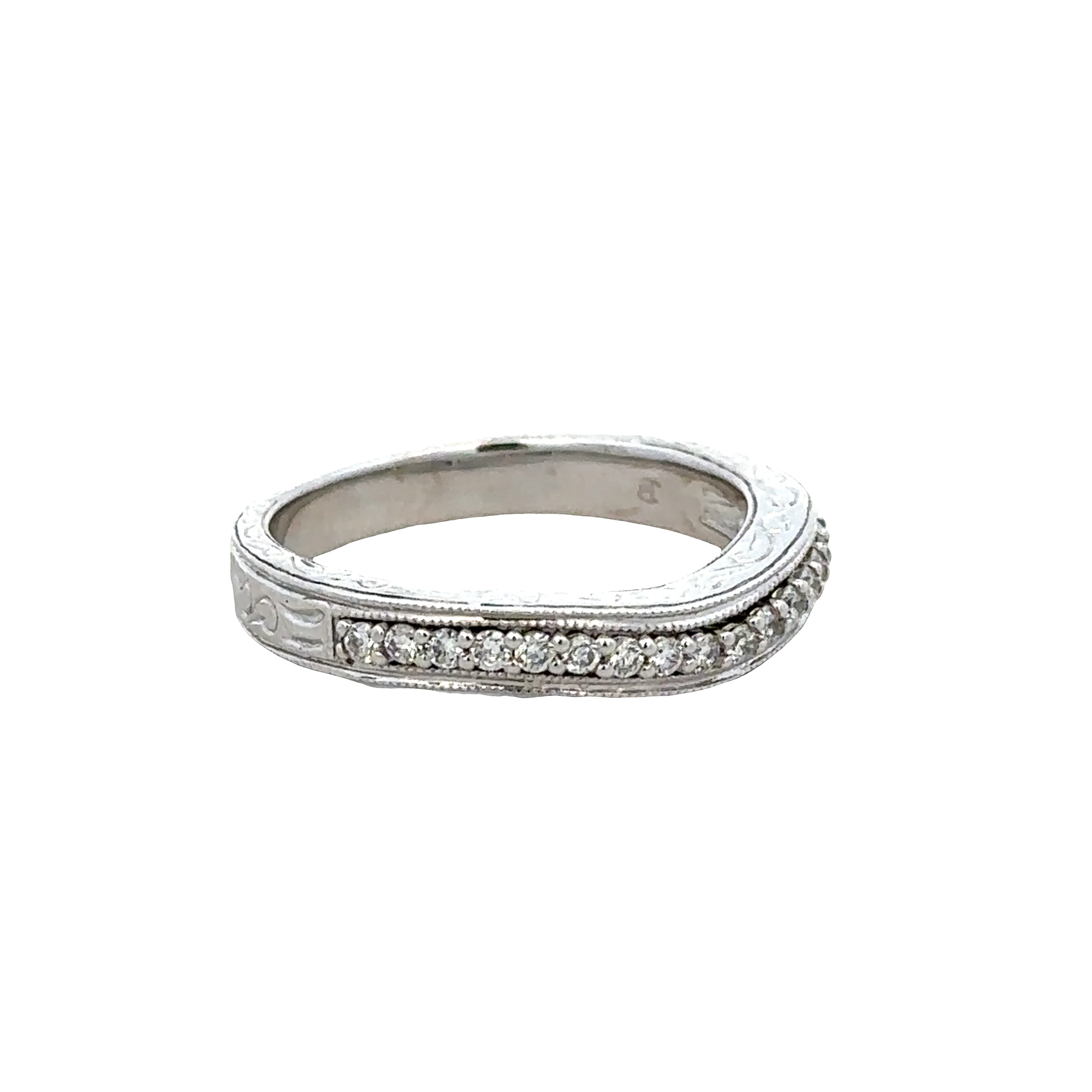 14k White Gold Diamond Contoured Wedding Band with Milgrain Detail - Image 2