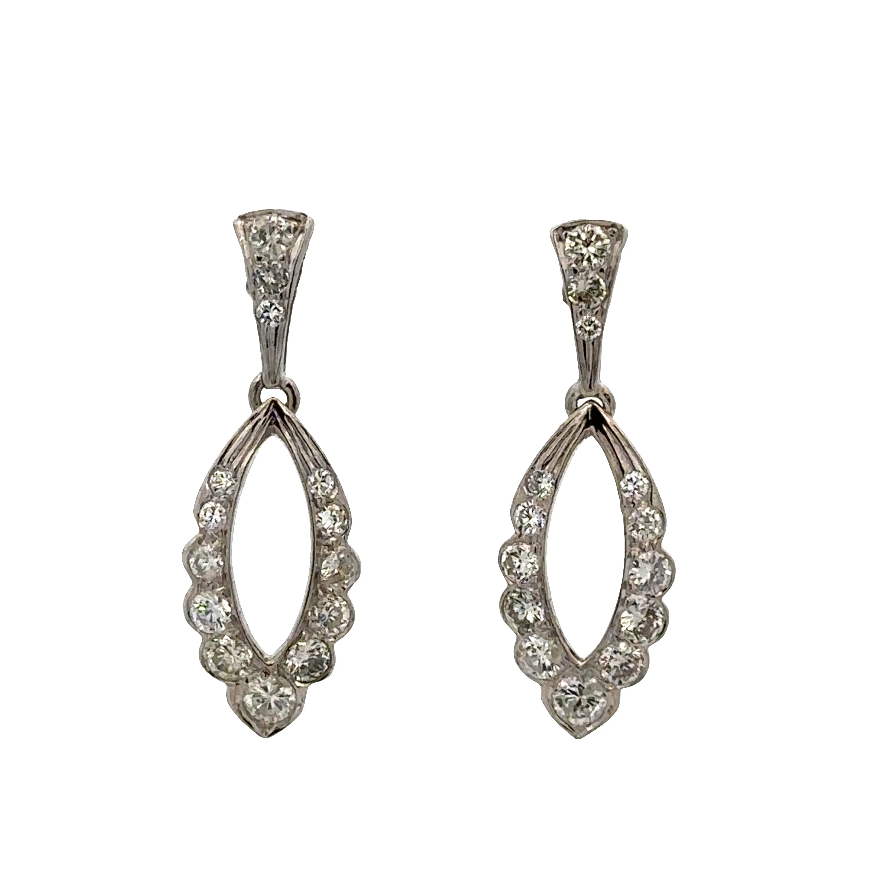 14k White Gold Diamond Dangle Earrings with Scalloped Openwork Design