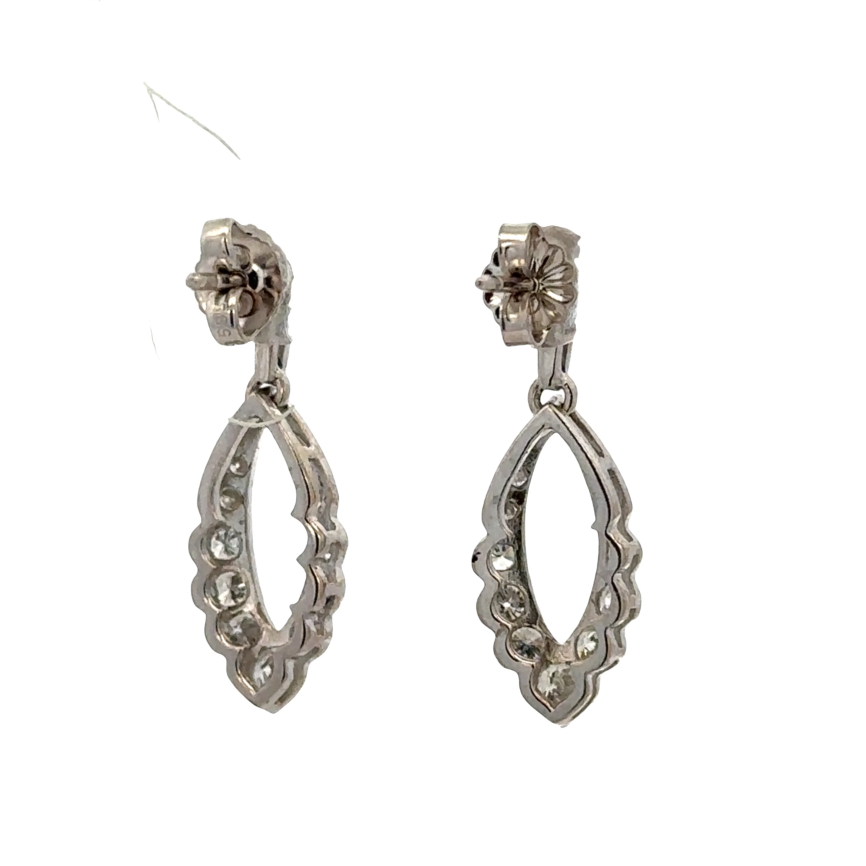 14k White Gold Diamond Dangle Earrings with Scalloped Openwork Design - Image 2