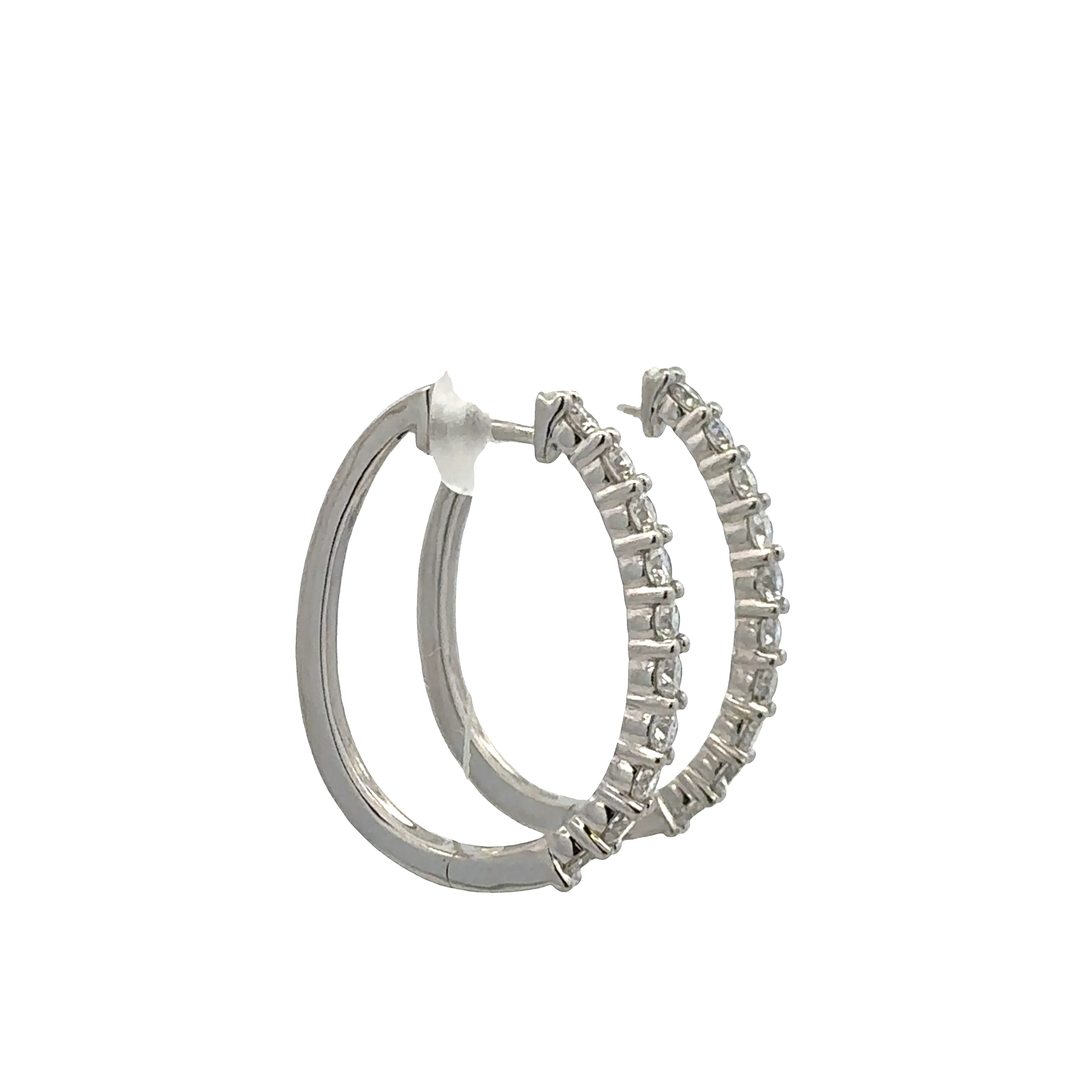 14k White Gold Diamond Elongated Hoop Earrings – 1" Tall - Image 2