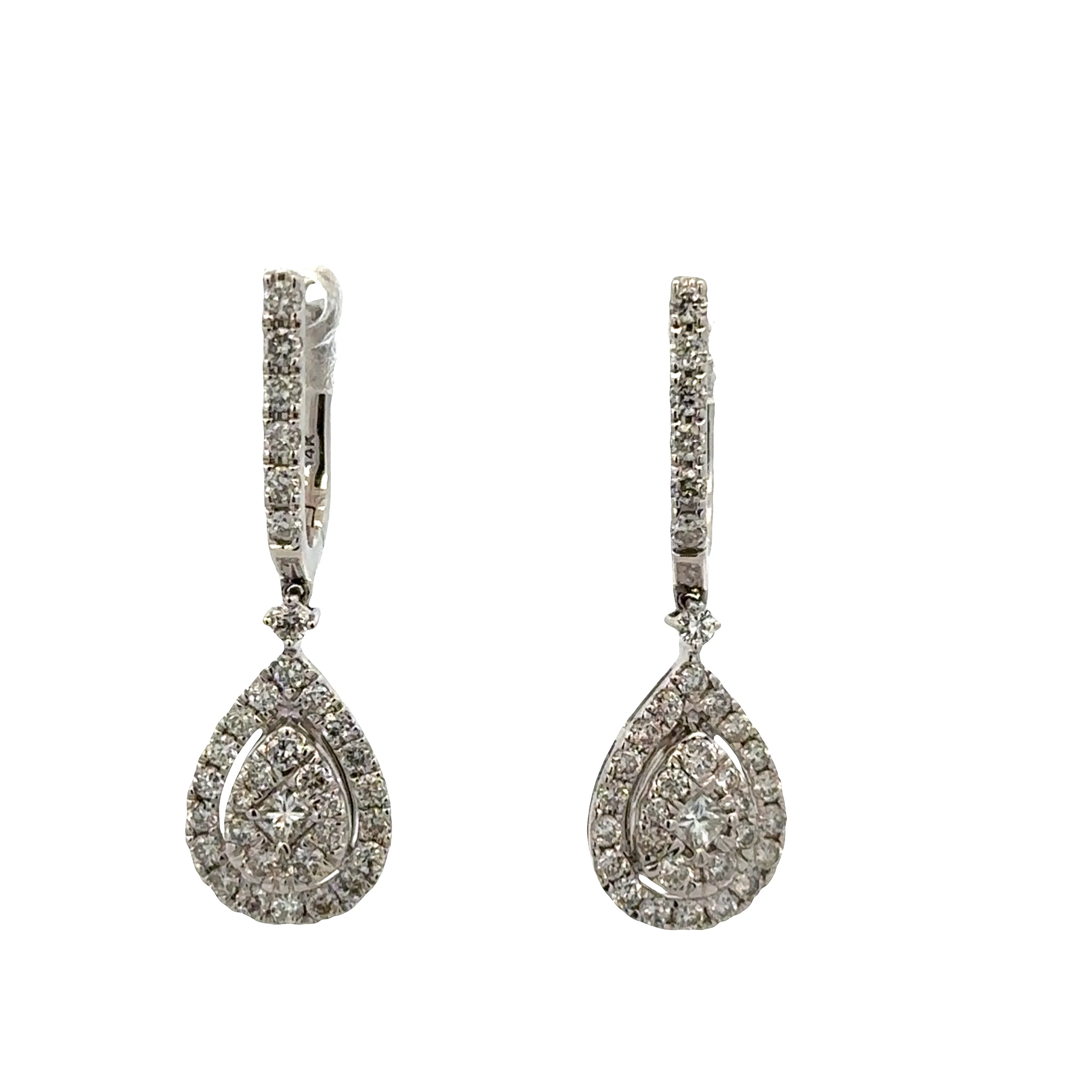 14k White Gold Diamond Teardrop Dangle Earrings – 1 1/8" Tall