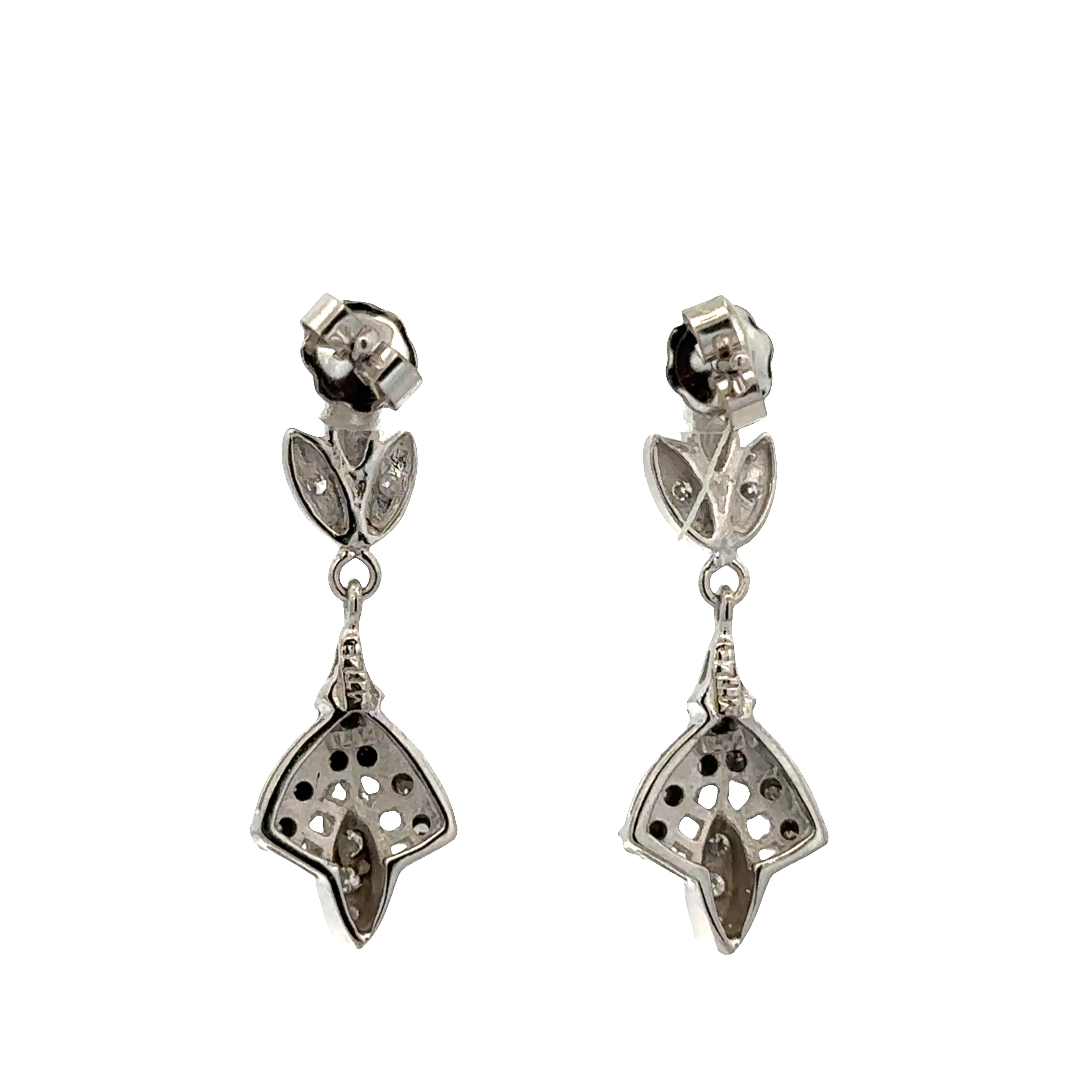 14k White Gold Diamond Vintage-Inspired Dangle Earrings – 1 1/8" Tall - Image 2