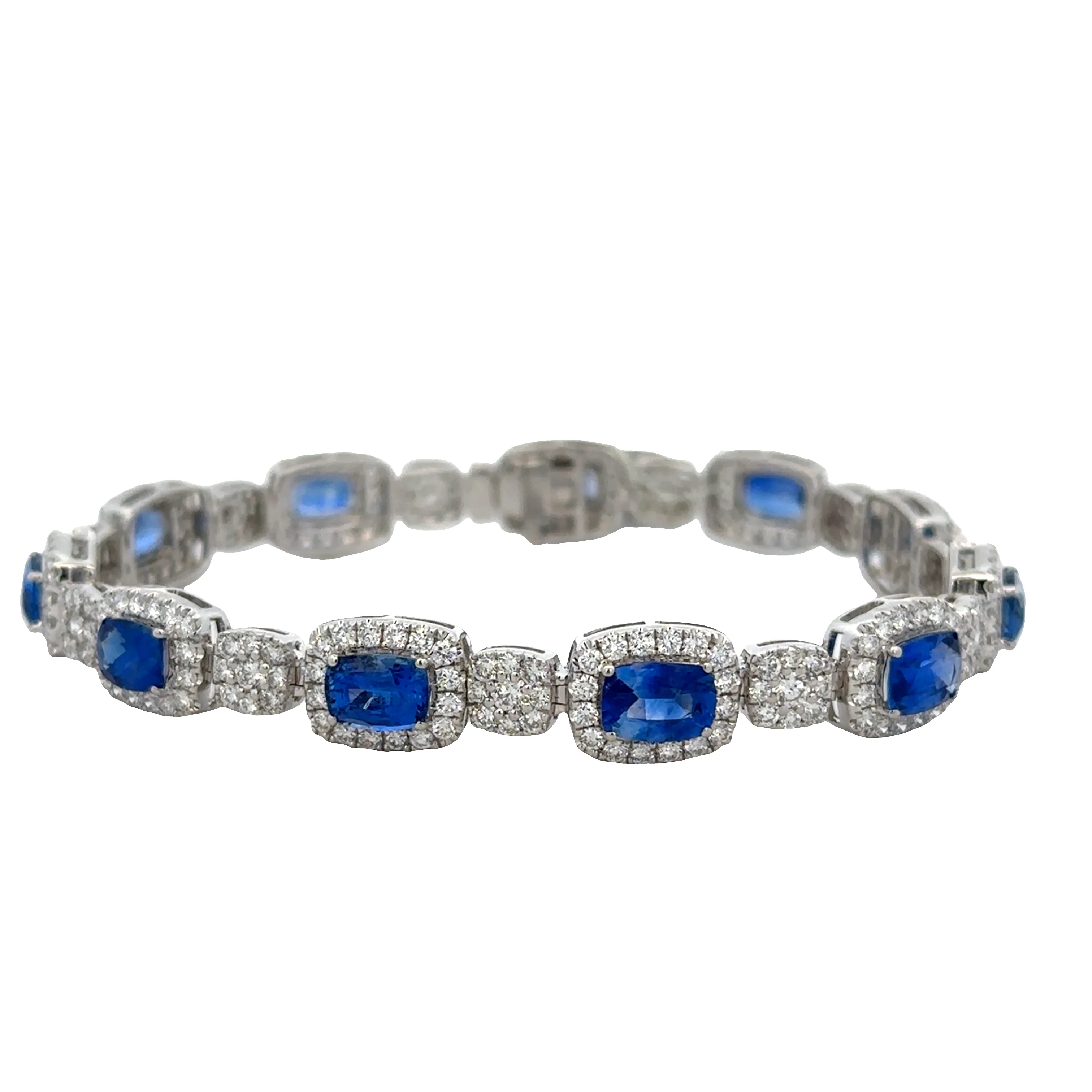 14k White Gold East-West Cushion Sapphire & Diamond Halo Bracelet