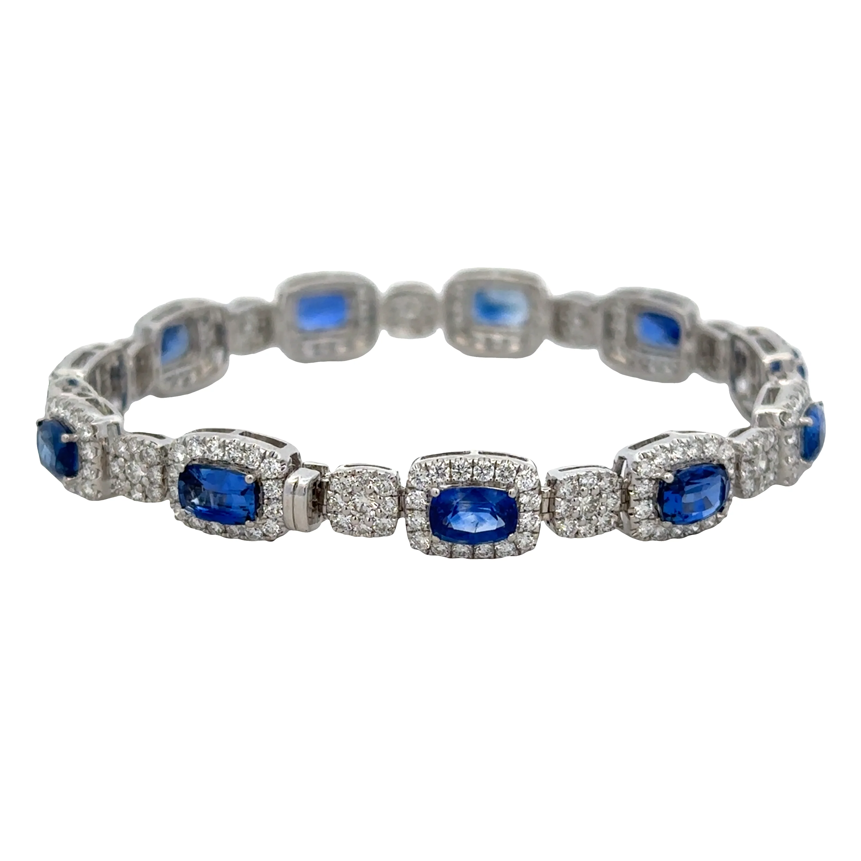 14k White Gold East-West Cushion Sapphire & Diamond Halo Bracelet - Image 2