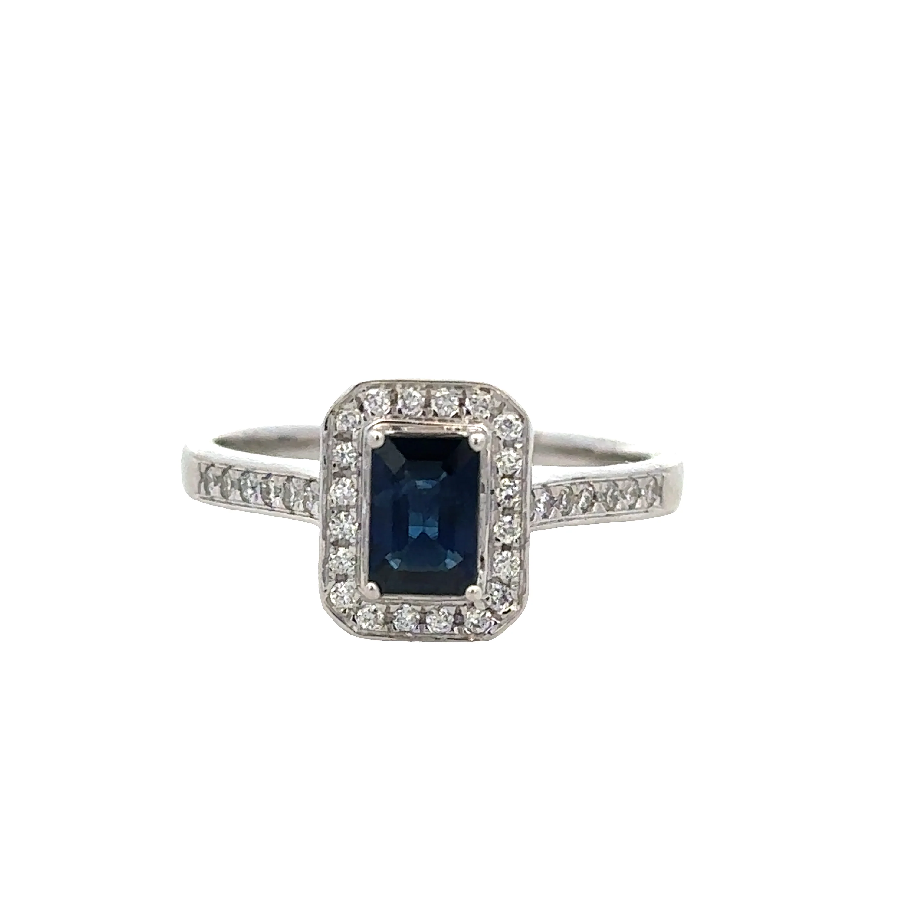 14k White Gold Emerald Cut Sapphire & Diamond Geometric Ring – Size 7