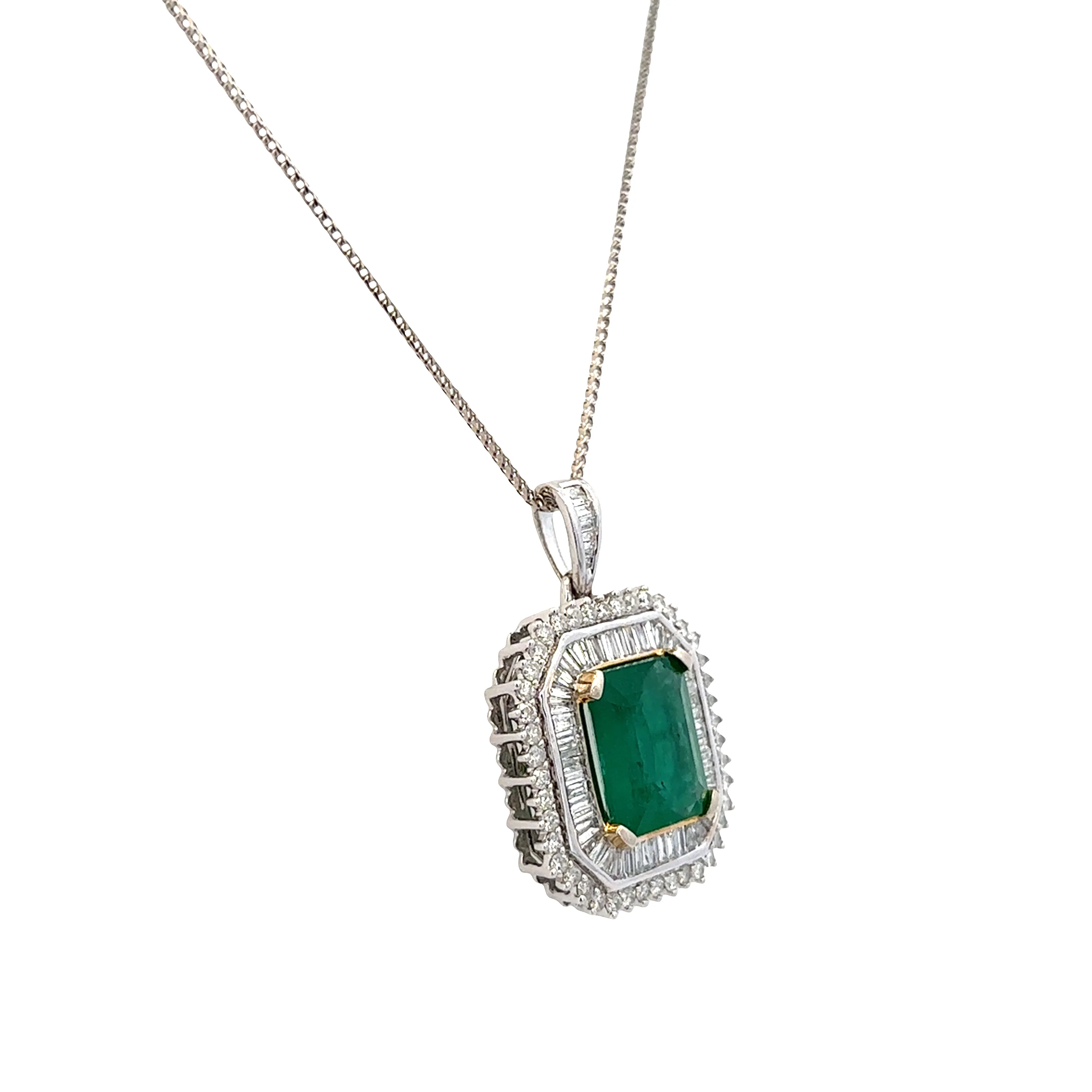 14k White Gold Emerald & Diamond Double Halo Pendant Necklace – 18" - Image 2