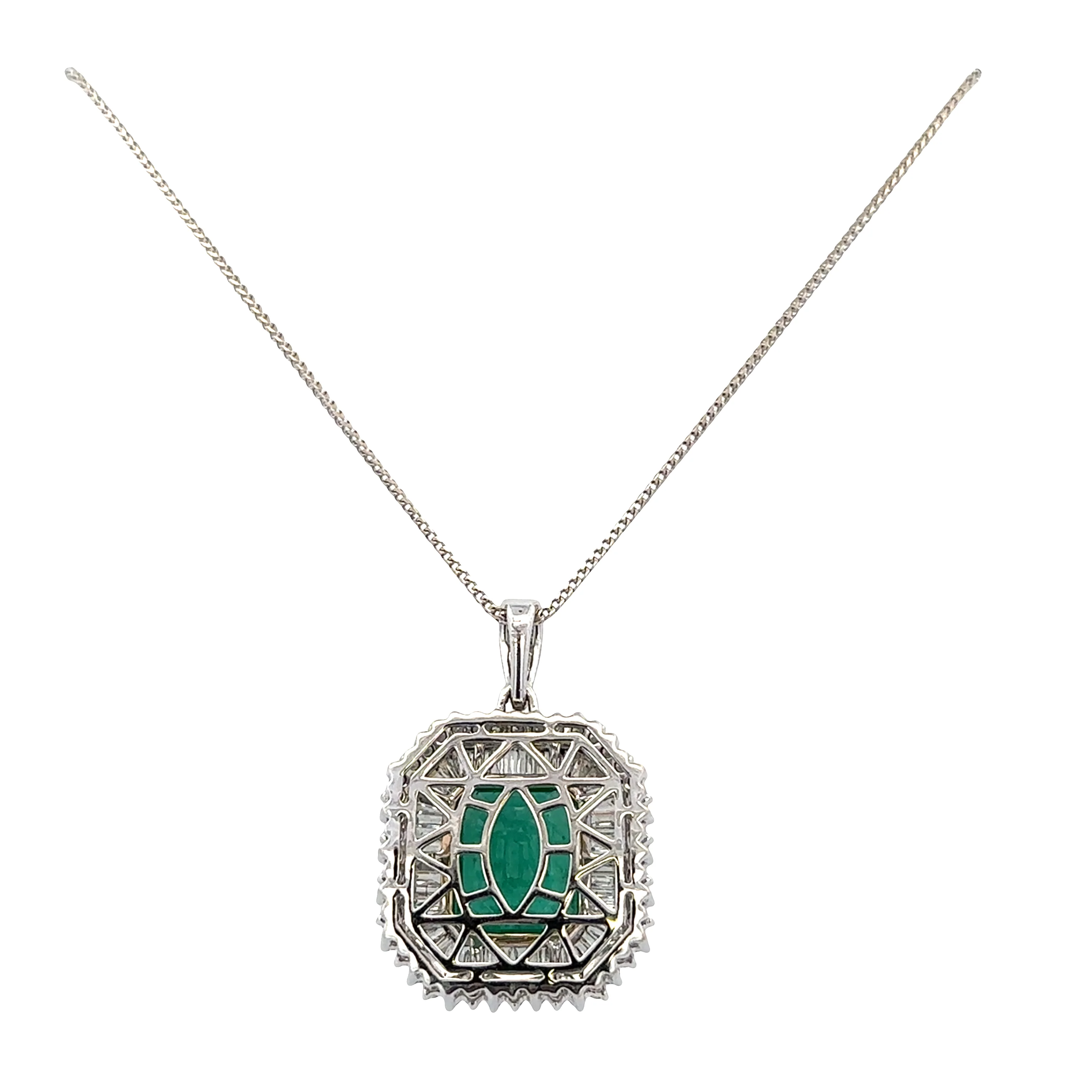 14k White Gold Emerald & Diamond Double Halo Pendant Necklace – 18" - Image 3