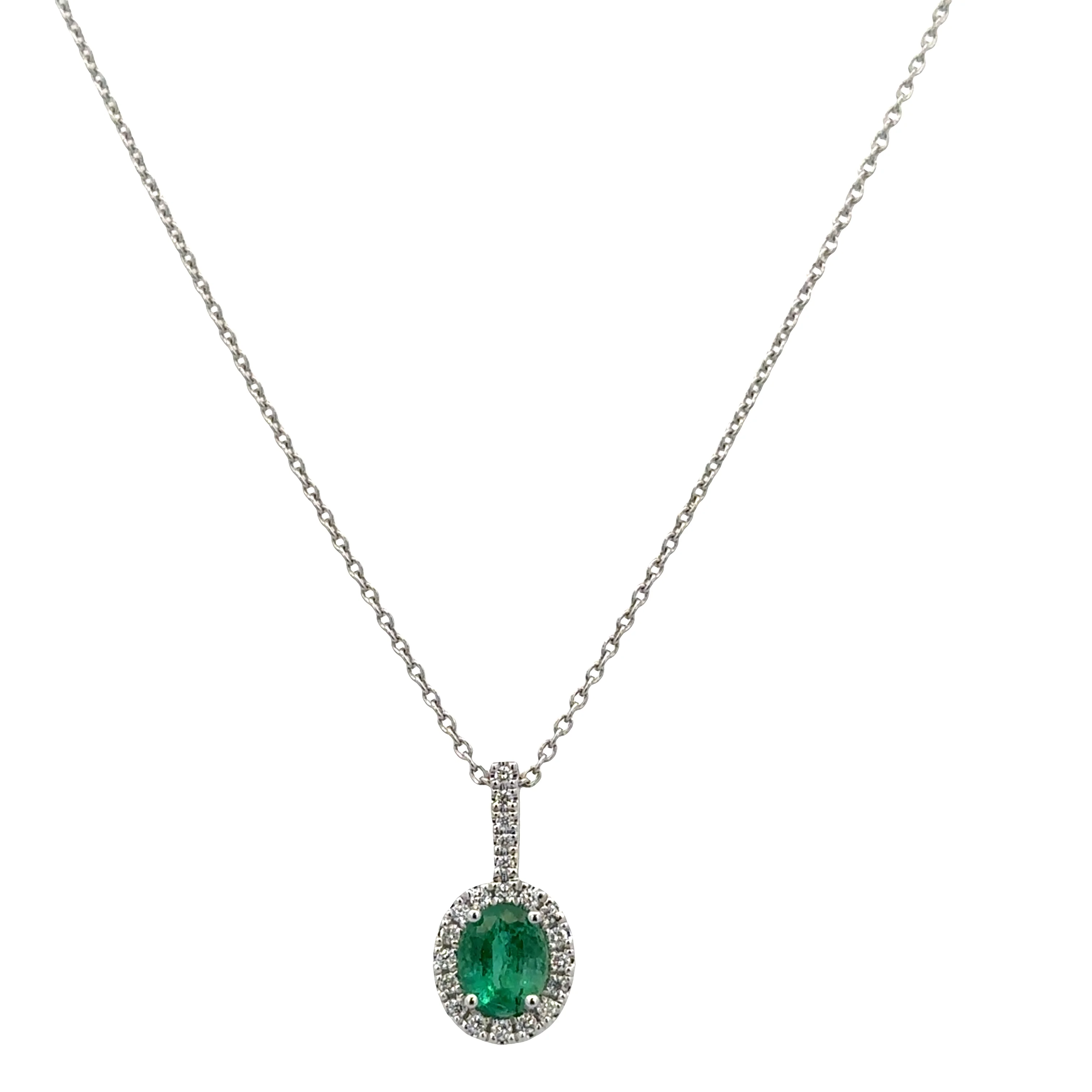 14k White Gold Emerald & Diamond Halo Pendant Necklace – 18"