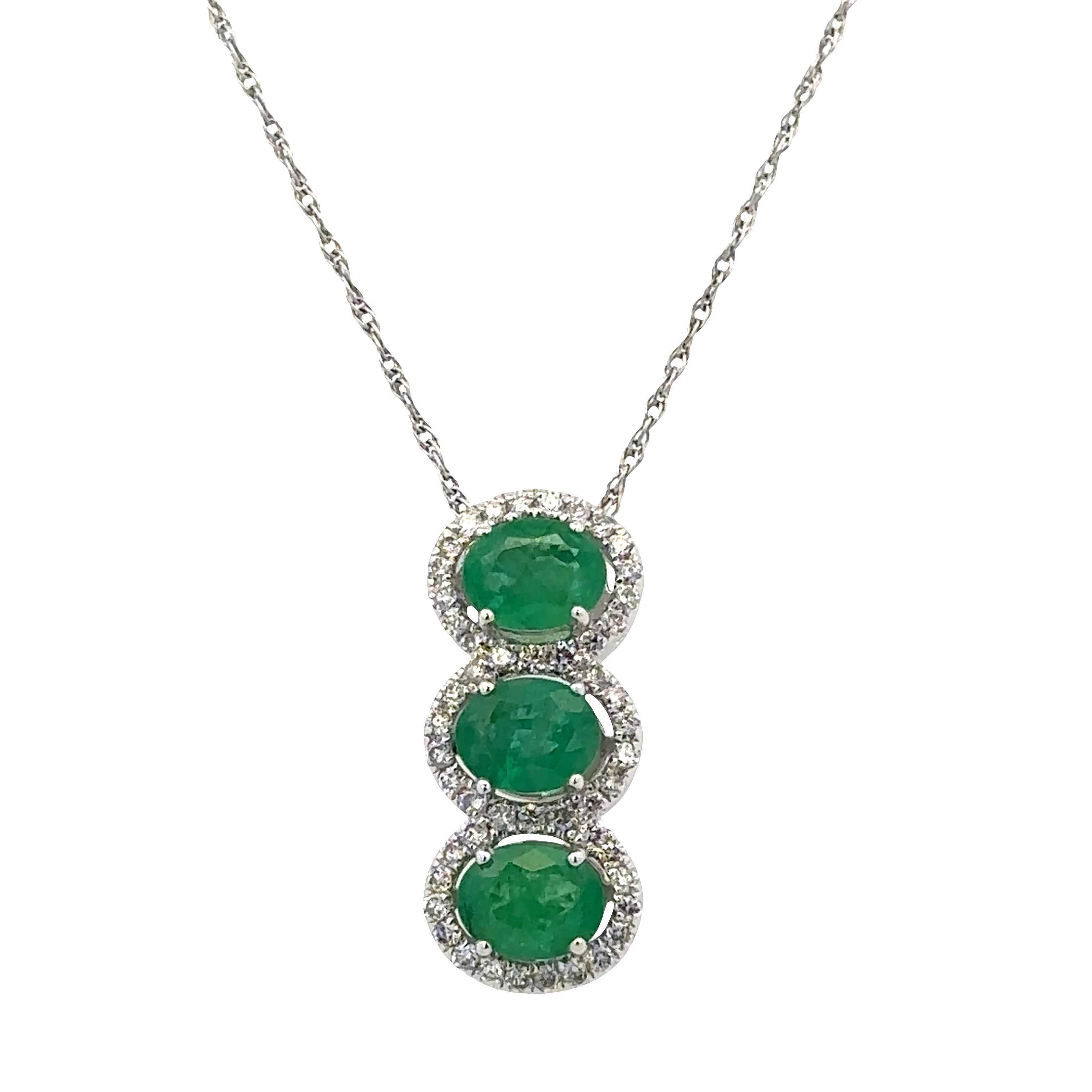 14k White Gold Emerald & Diamond Triple Halo Pendant
