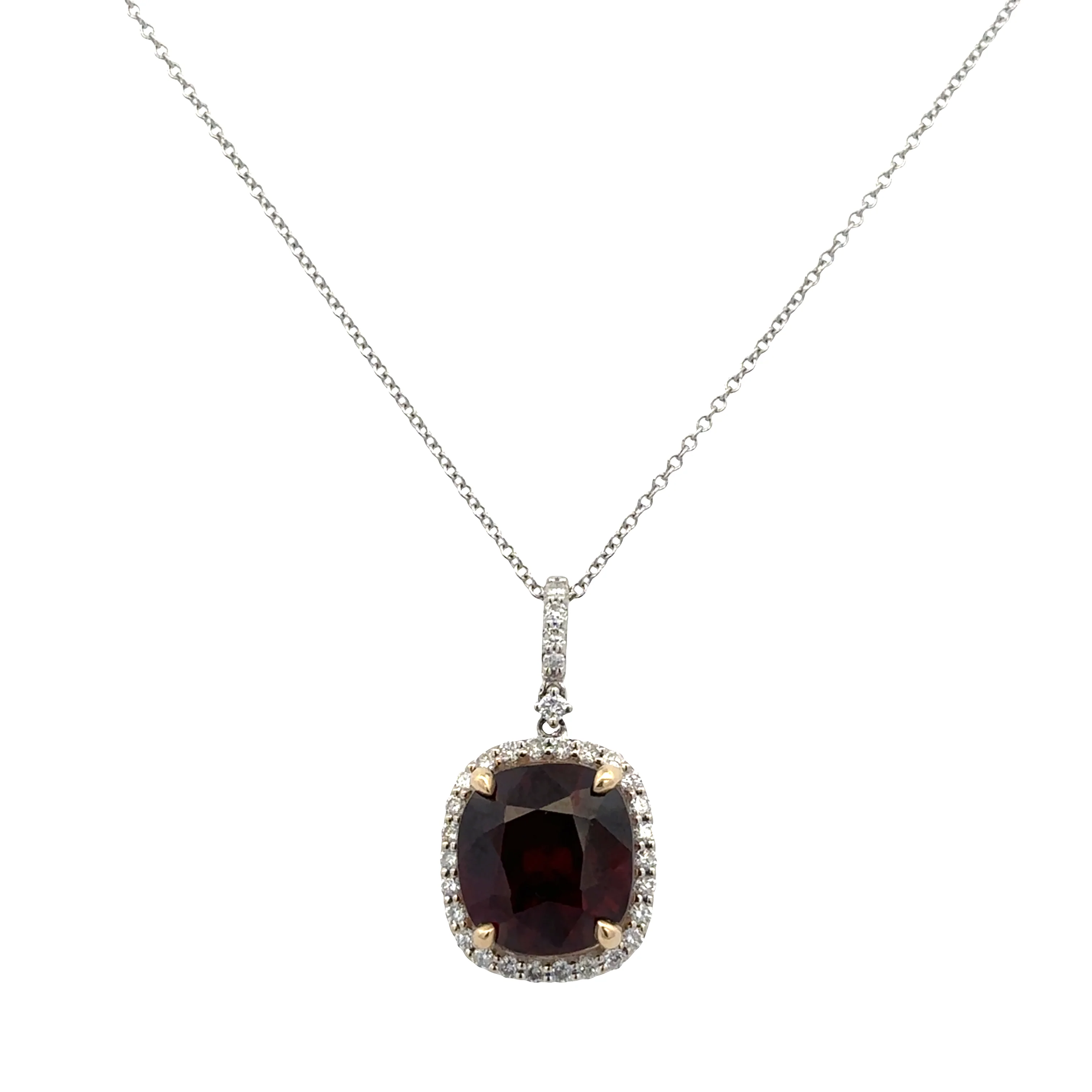 14k White Gold Garnet and Diamond Halo Pendant Necklace