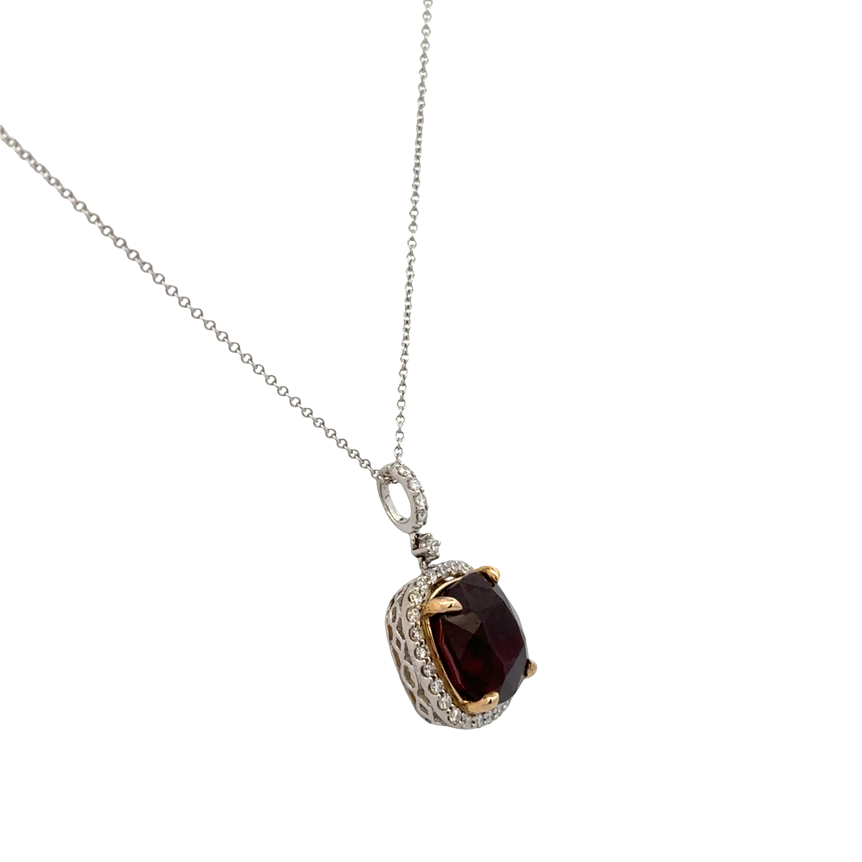 14k White Gold Garnet and Diamond Halo Pendant Necklace - Image 2