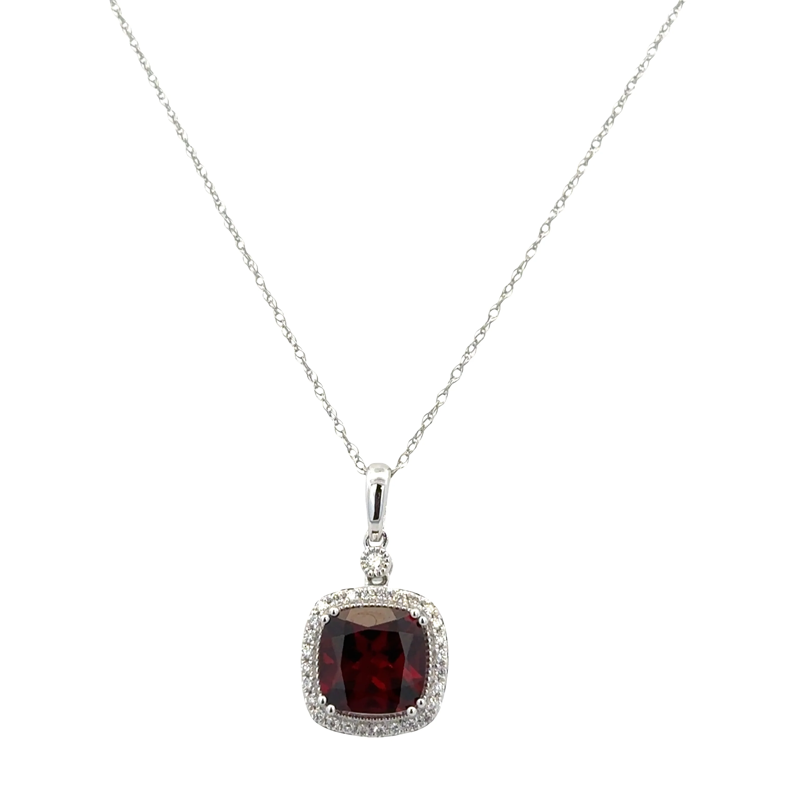 14k White Gold Garnet & Diamond Halo Pendant Necklace – 18" - Image 2