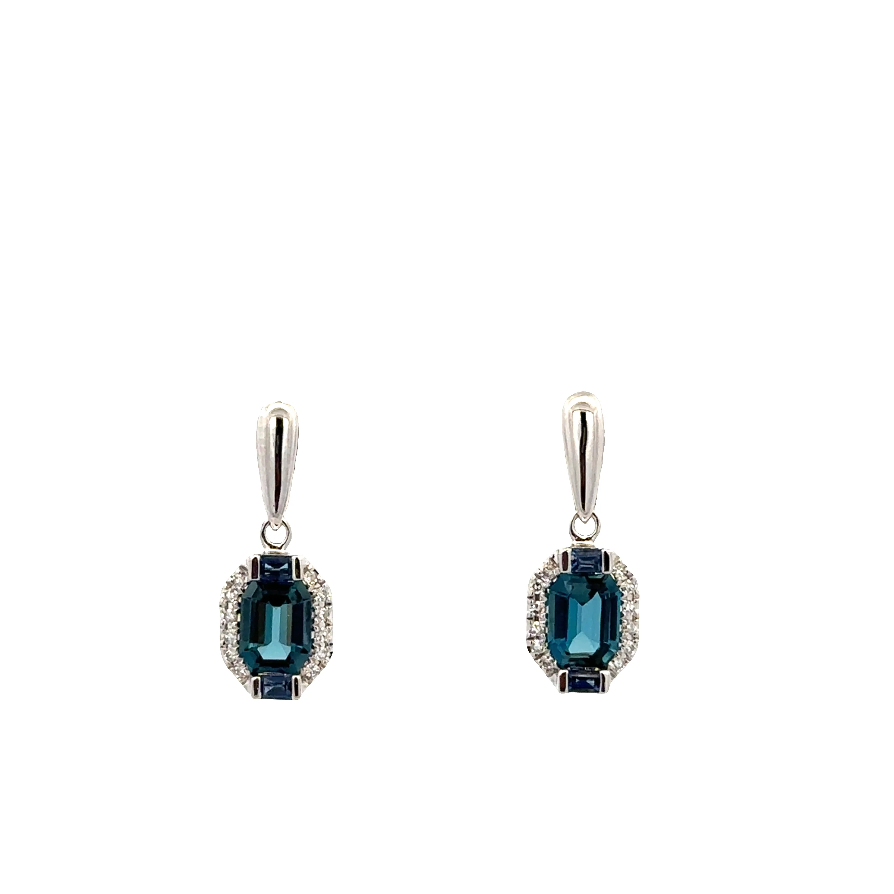 14k White Gold London Blue Topaz, Sapphire & Diamond Dangle Earrings – 5/8" Tall